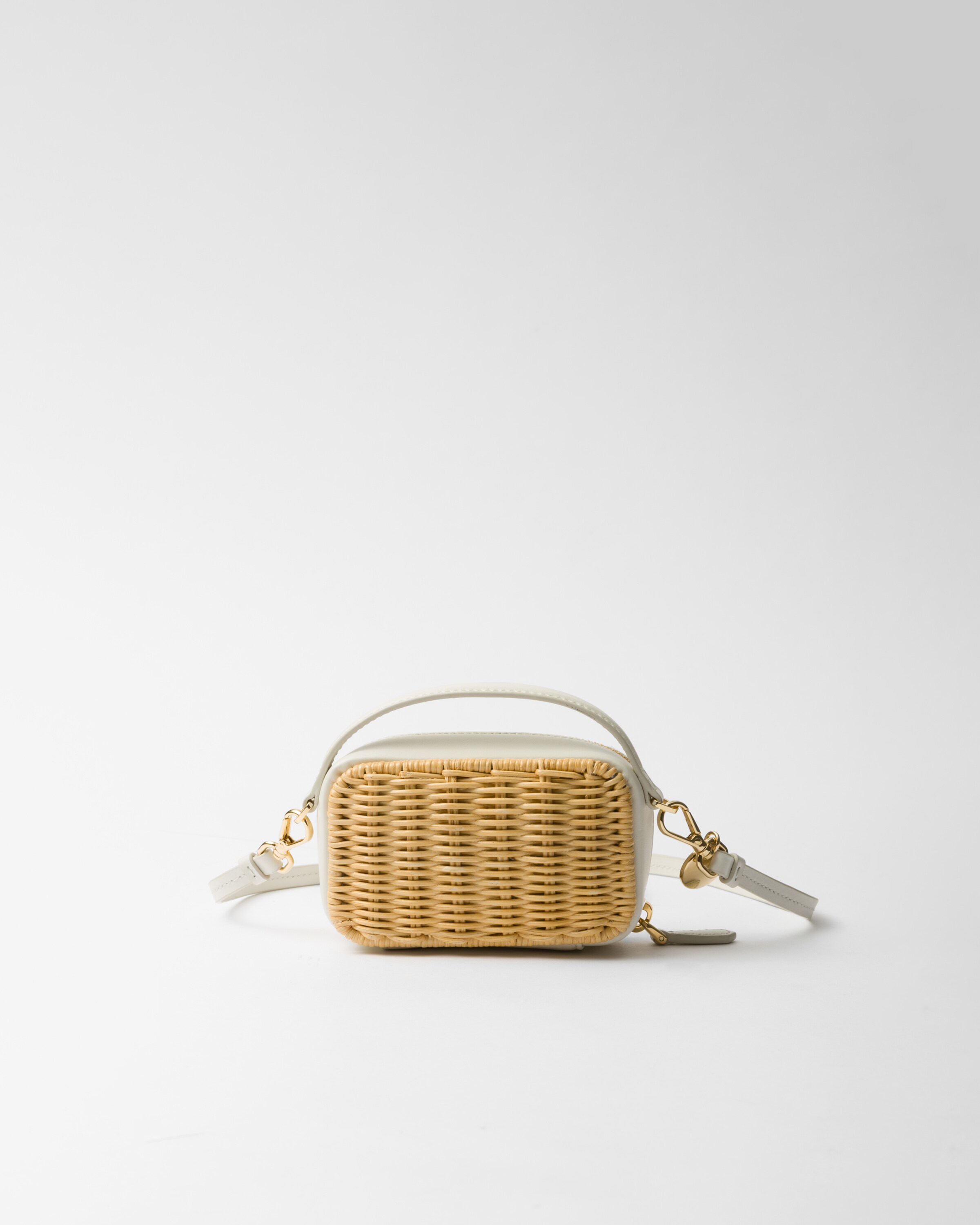 Shop Prada Wicker And Leather Mini-pouch In Hellbraun/weiss