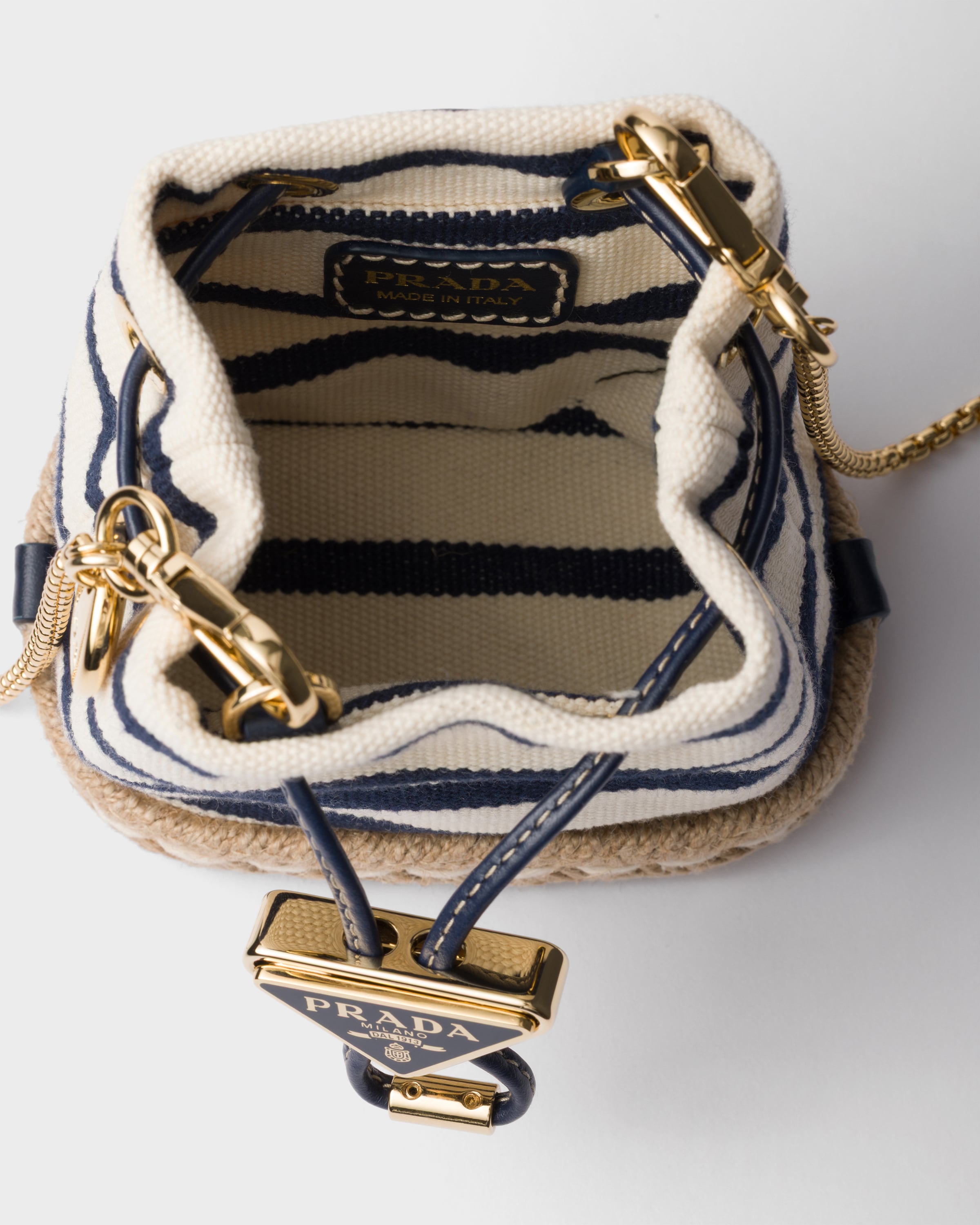 国内買付【PRADA】すぐ届く ストライプ キャンバス ミニバッグ アイボリー/ブルー ストライプ コットンキャンバス ミニバッグ