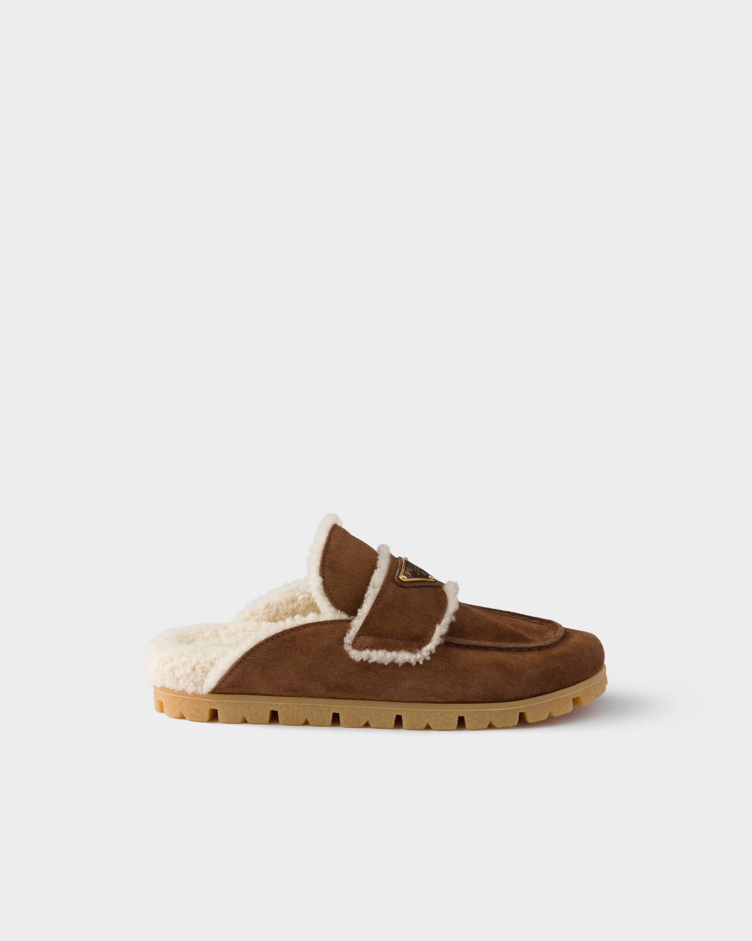 Cocoa Brown Suede And Shearling Mules | PRADA