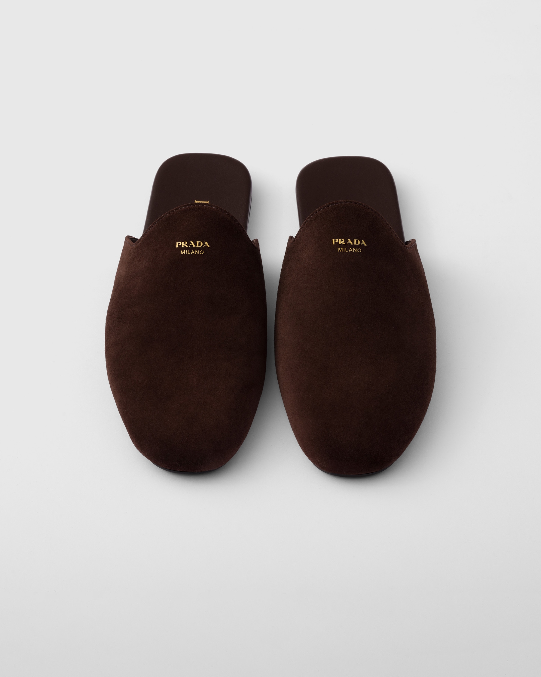 PRADA 25S PLATFORM FUR-LINED MULES IN EARTH BROWN SUEDE