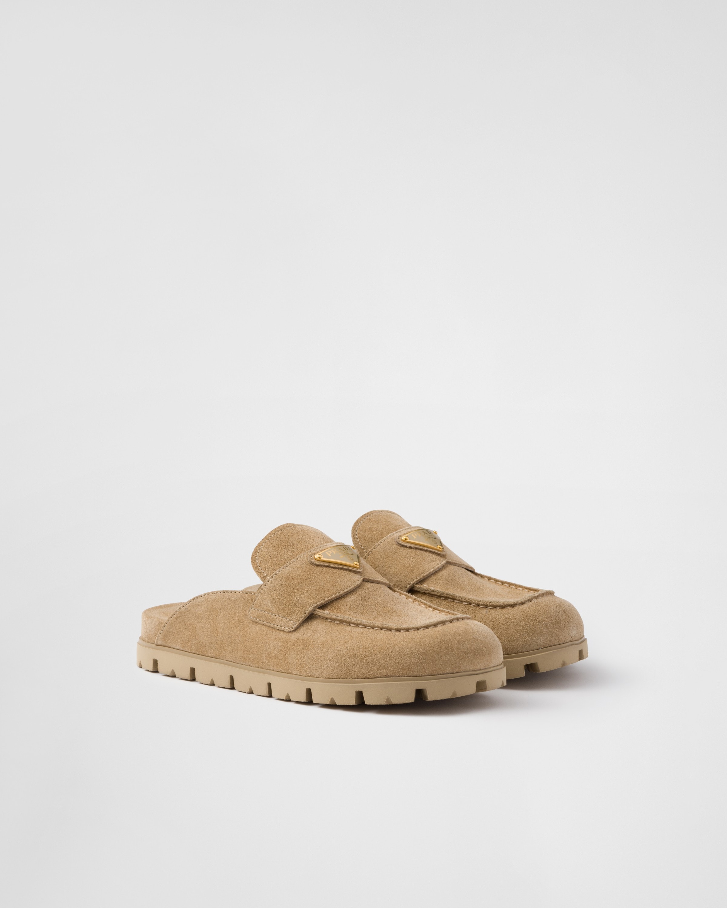 Prada Suede Triangle Mules In Ecru
