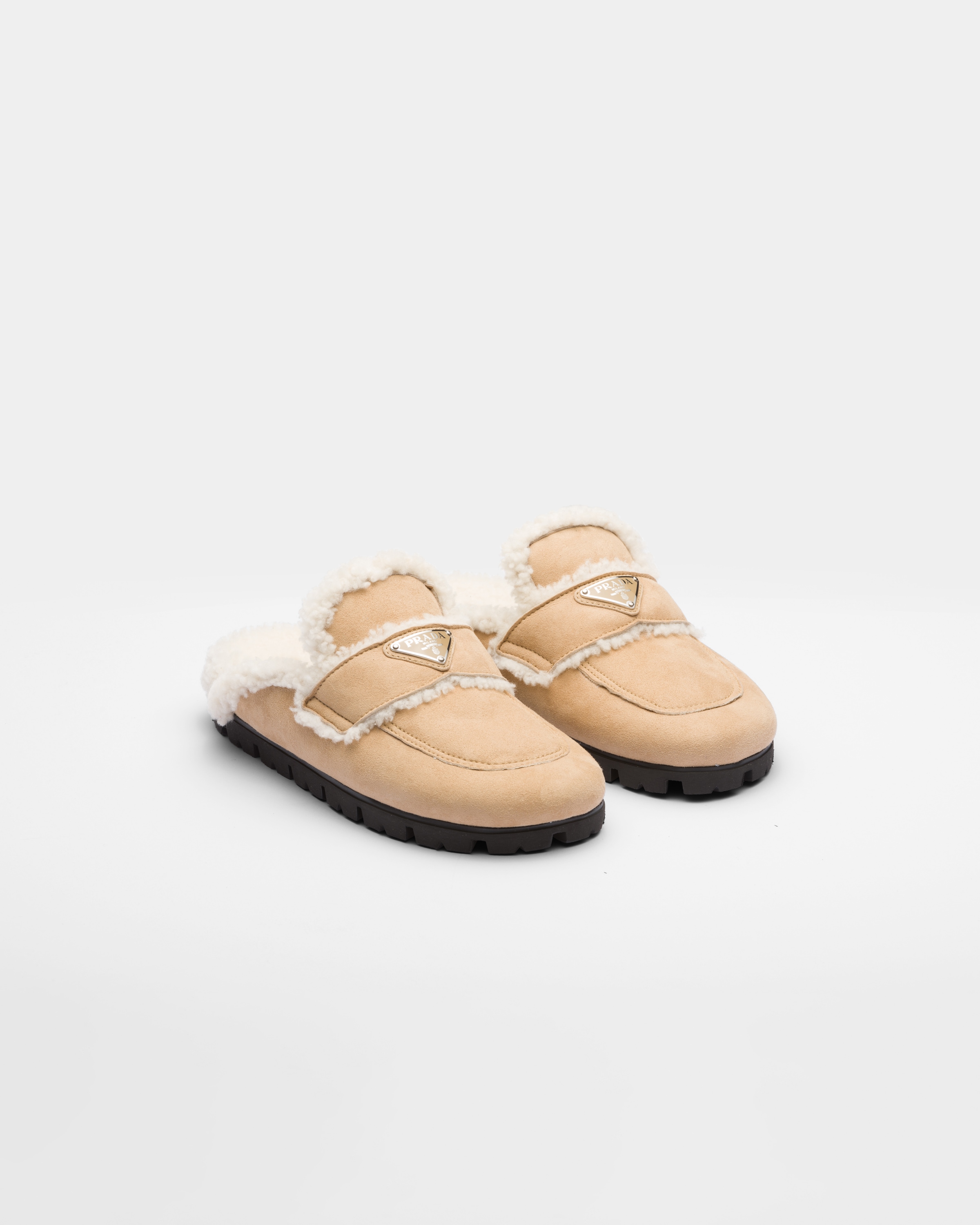 Prada Shearling Slippers In Ecru