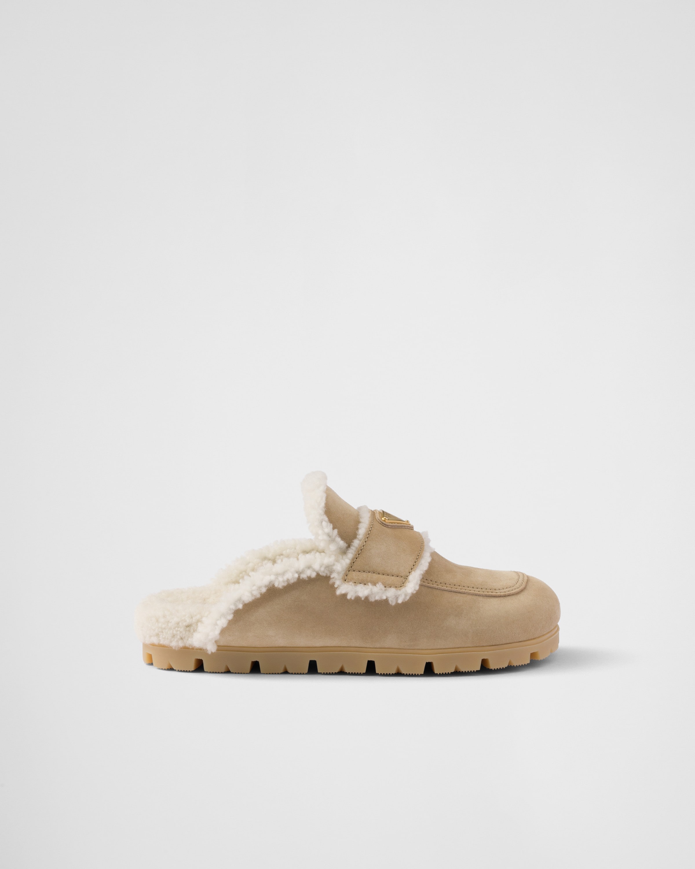Prada Slipper Aus Wildleder Und Lammfell In Ecru