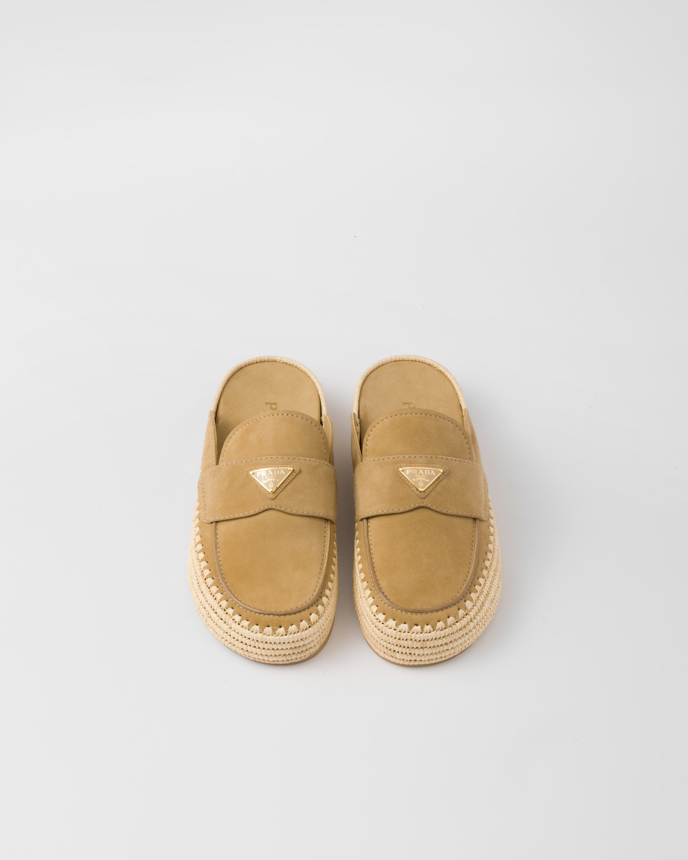 Prada Suede Slippers With Espadrille Sole And Round Toe In Ecru