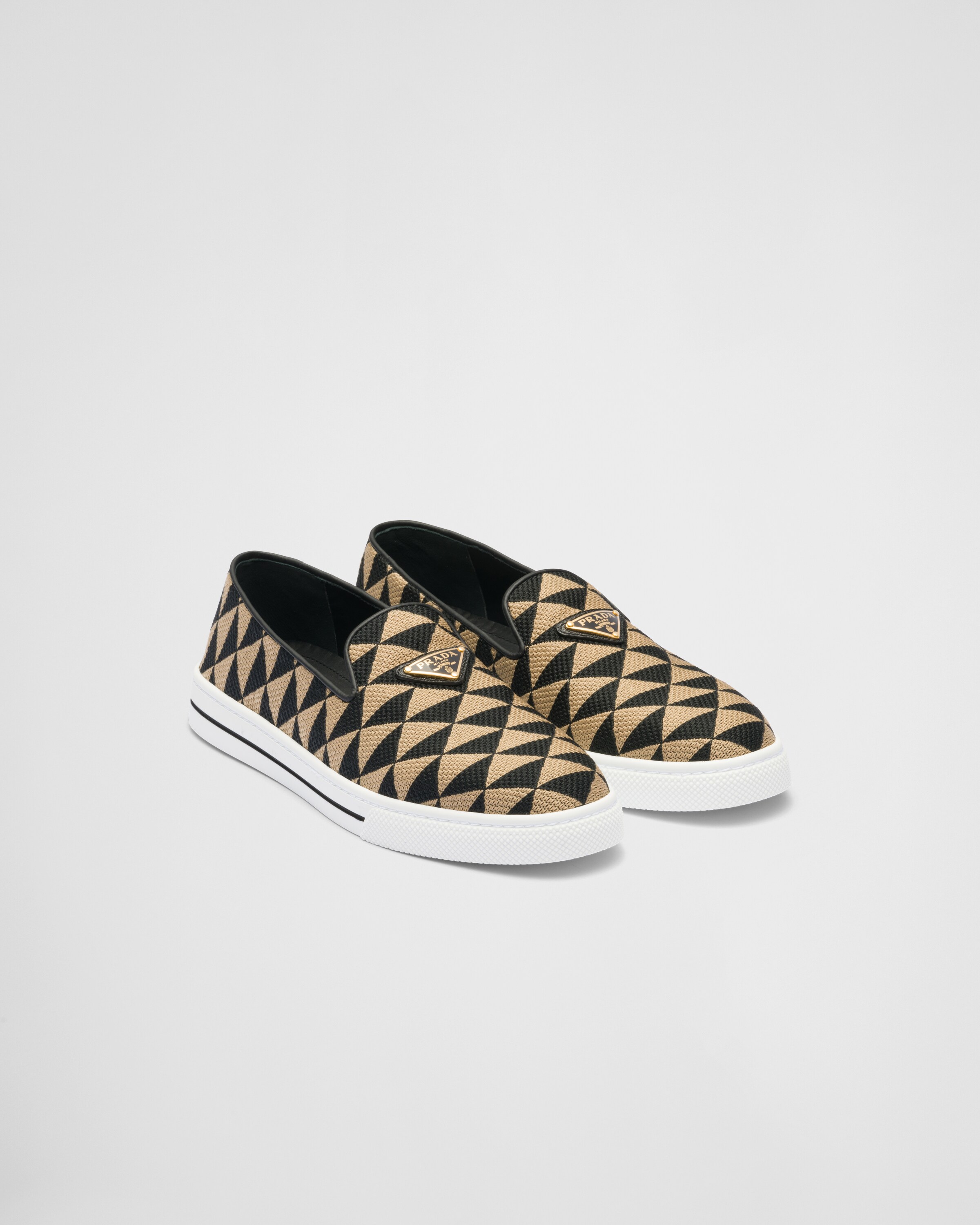 Shop Prada Embroidered Fabric Slip-on Shoes In Black/beige