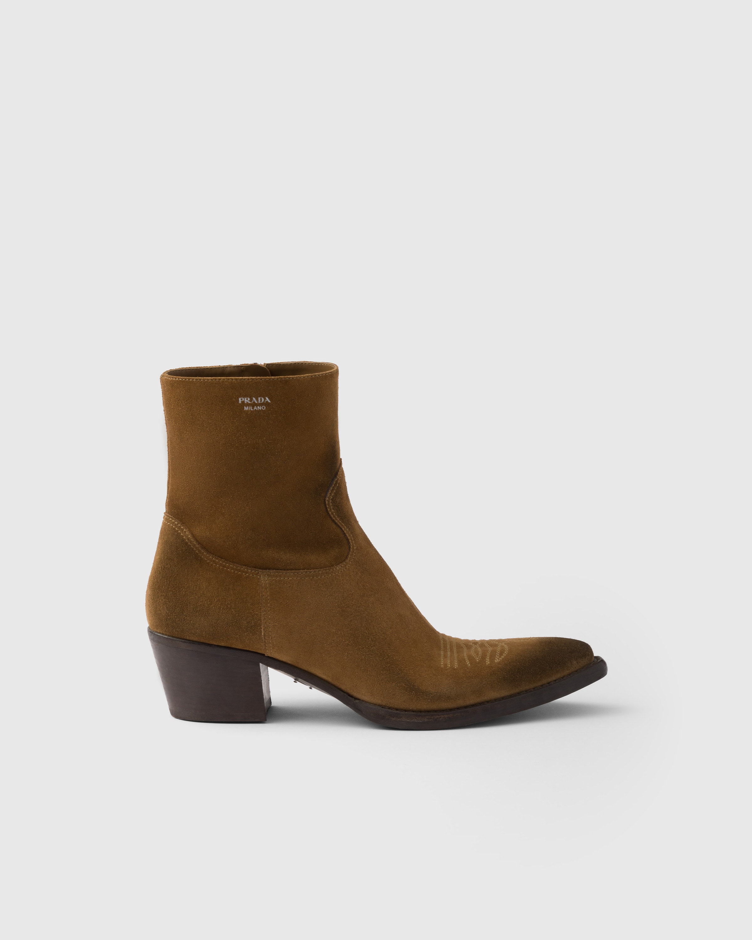 Prada Suede Heeled Western Ankle Boots 55