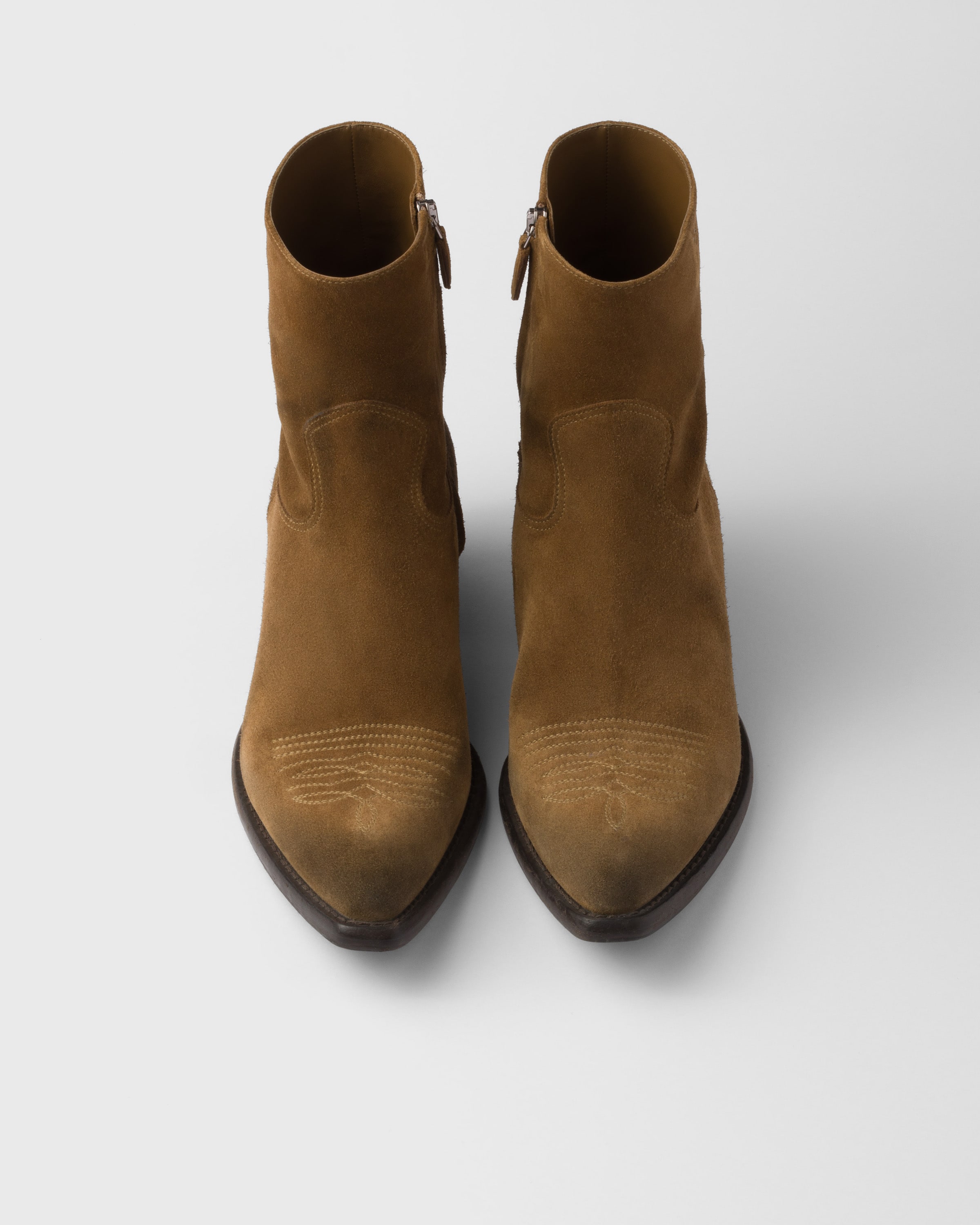 Prada Suede Heeled Western Ankle Boots 55