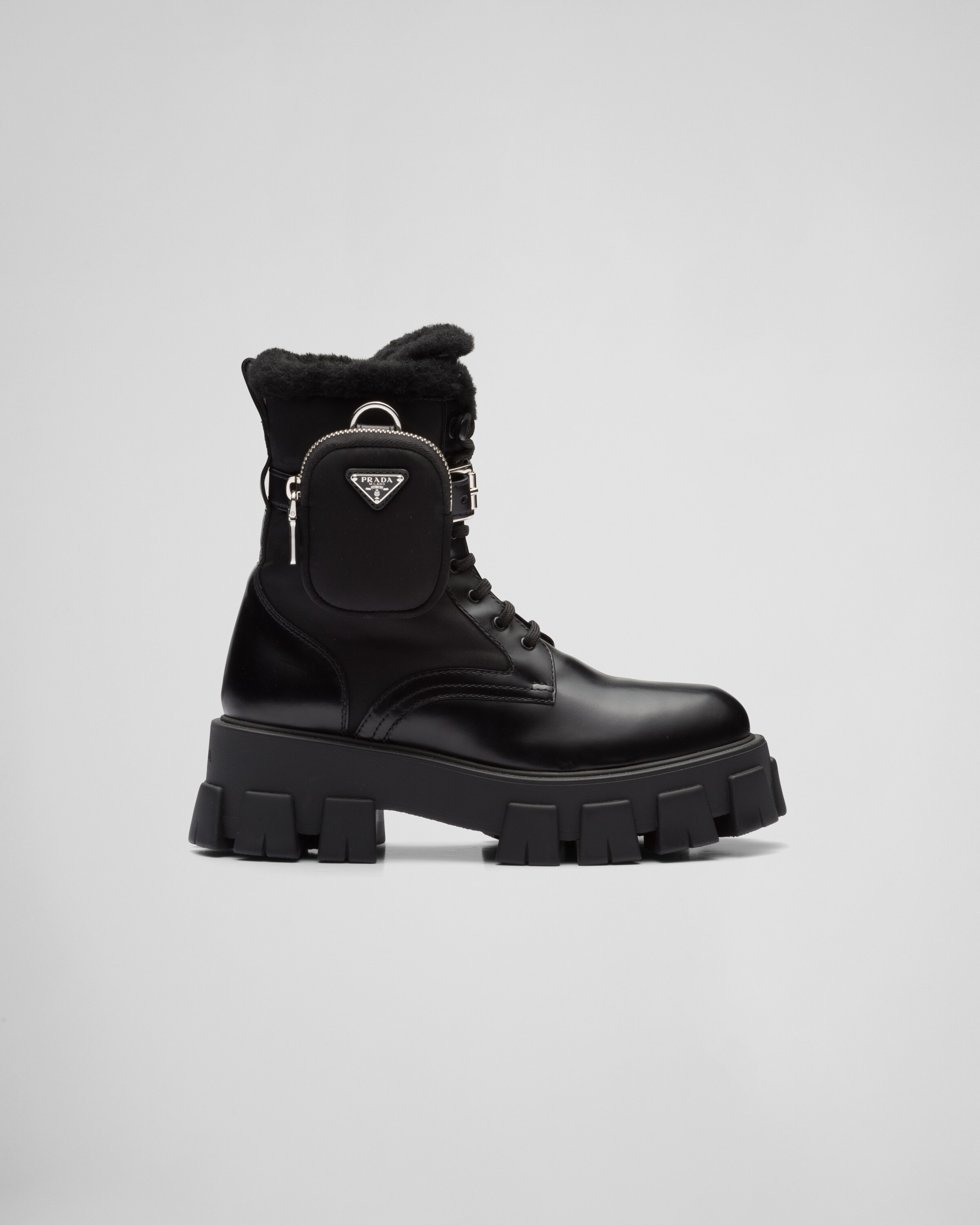 Black Monolith leather and nylon biker boots | Prada