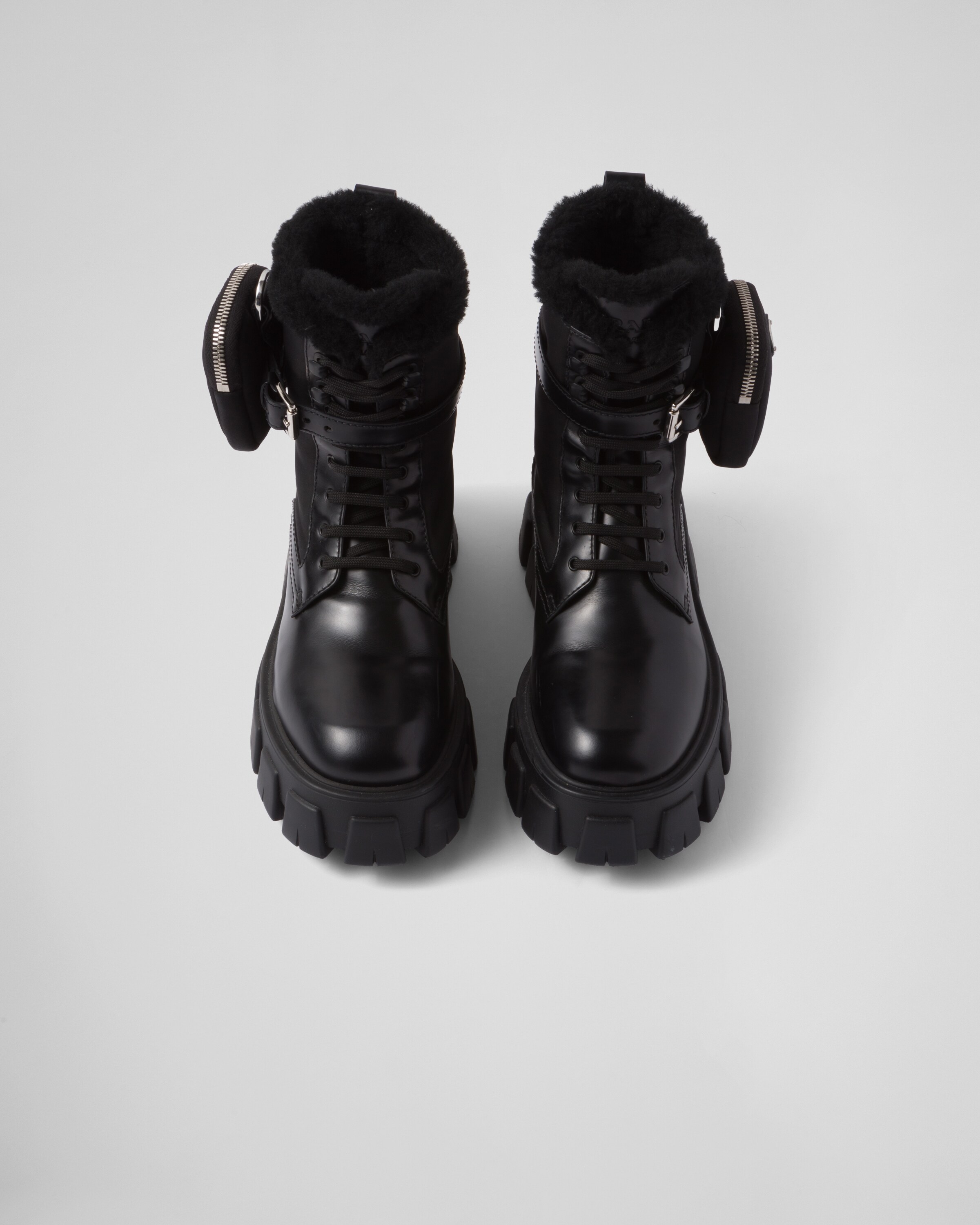 Black Monolith leather and nylon biker boots | Prada