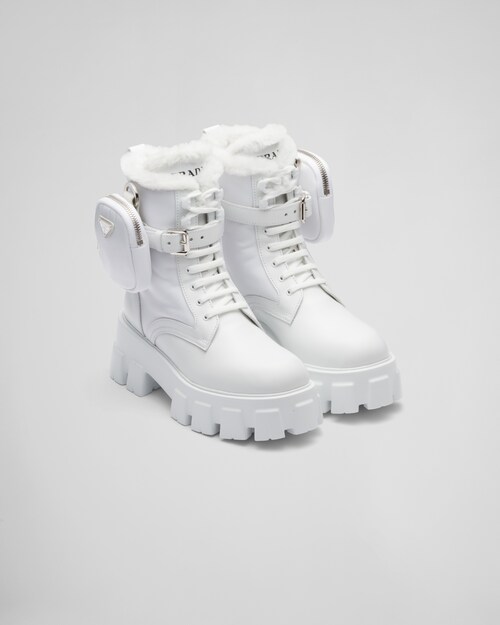 White Monolith leather and nylon biker boots | Prada