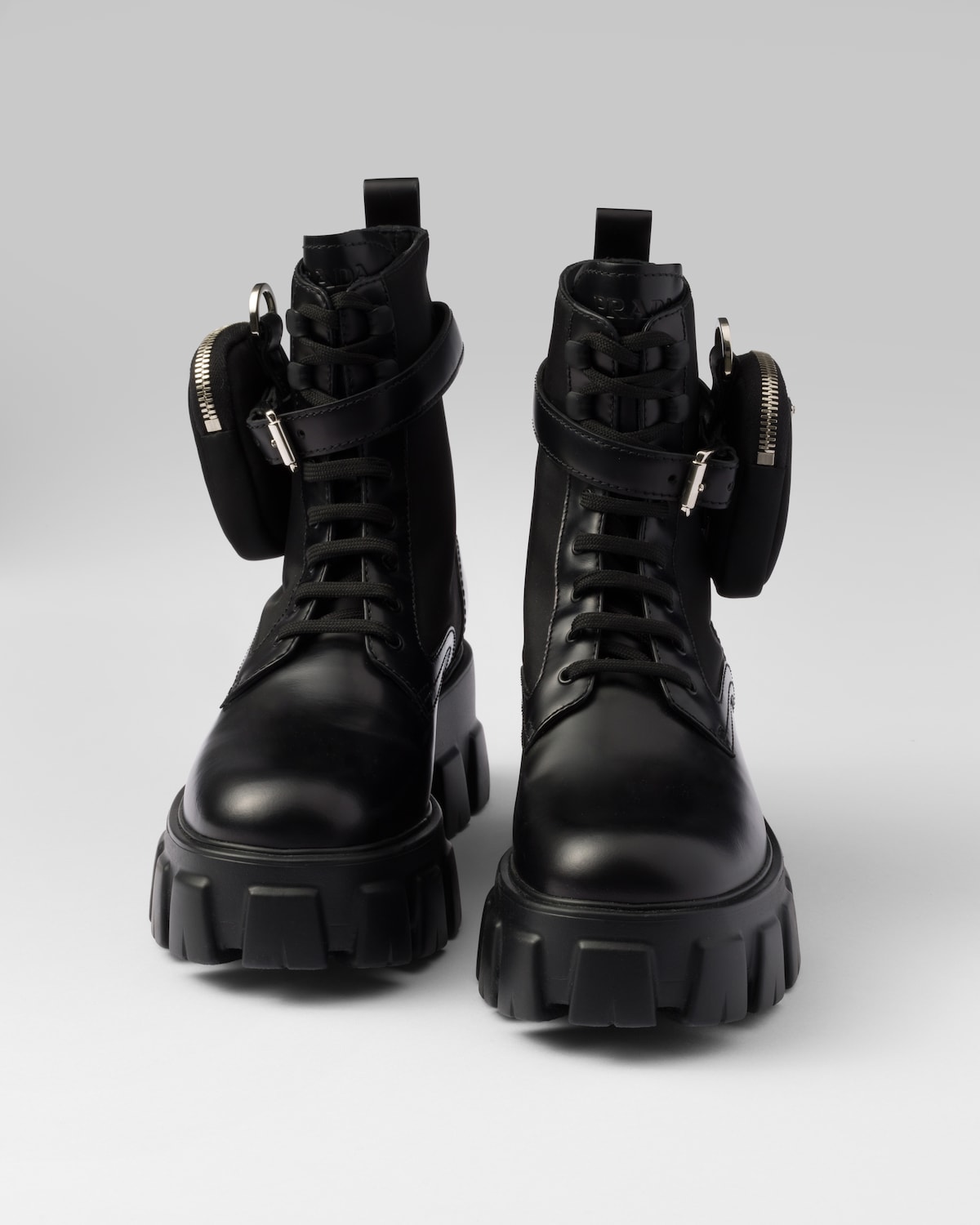 Black Monolith Leather And Re-nylon Combat Boots With Pouch | PRADA