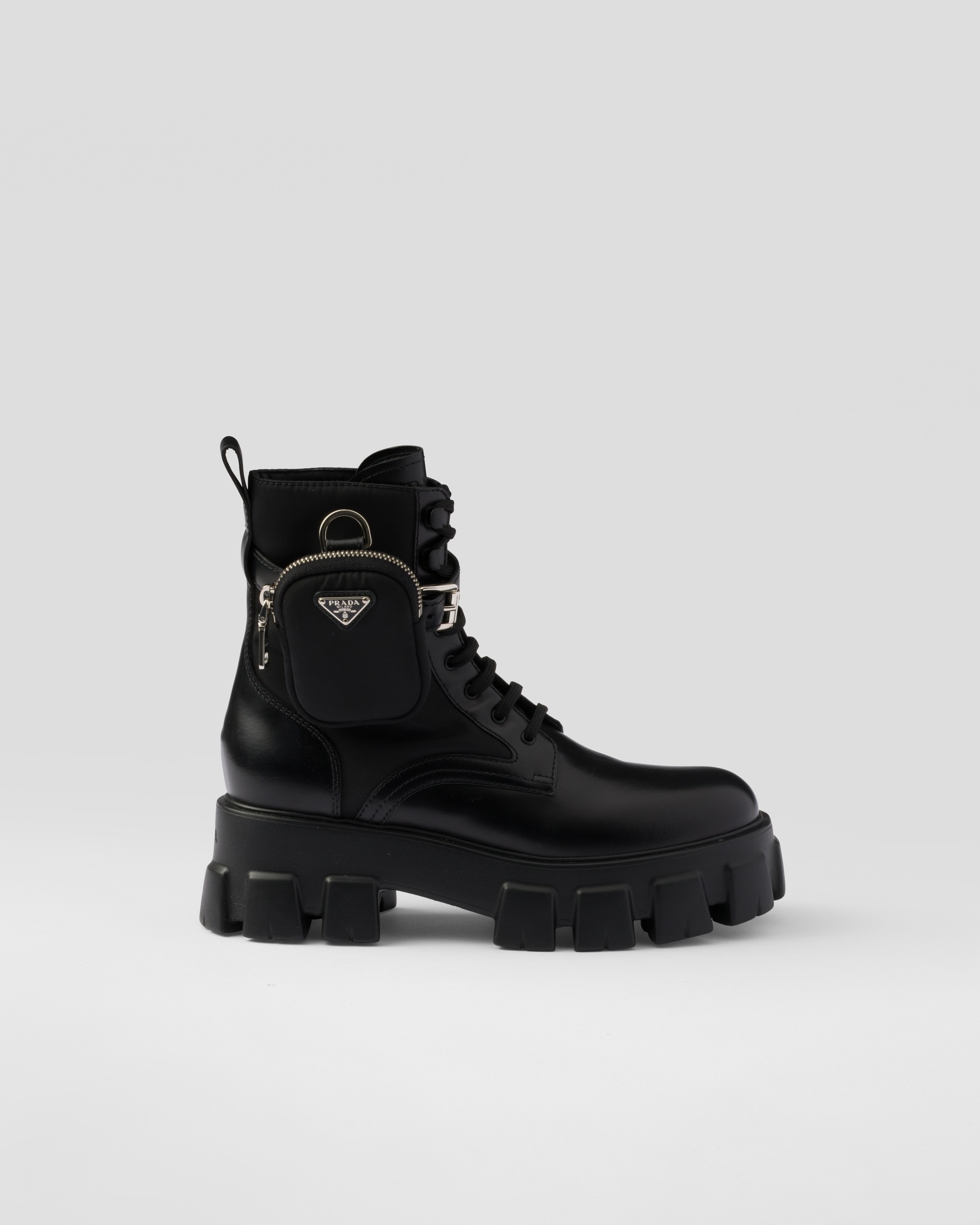 Prada Monolith Leather And Re-nylon Combat Boots With Pouch, Woman, Black, Size 35