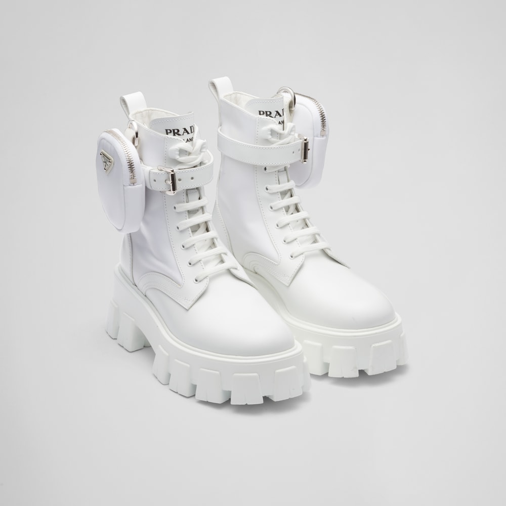 White Monolith leather and Re-Nylon boots with pouch | Prada