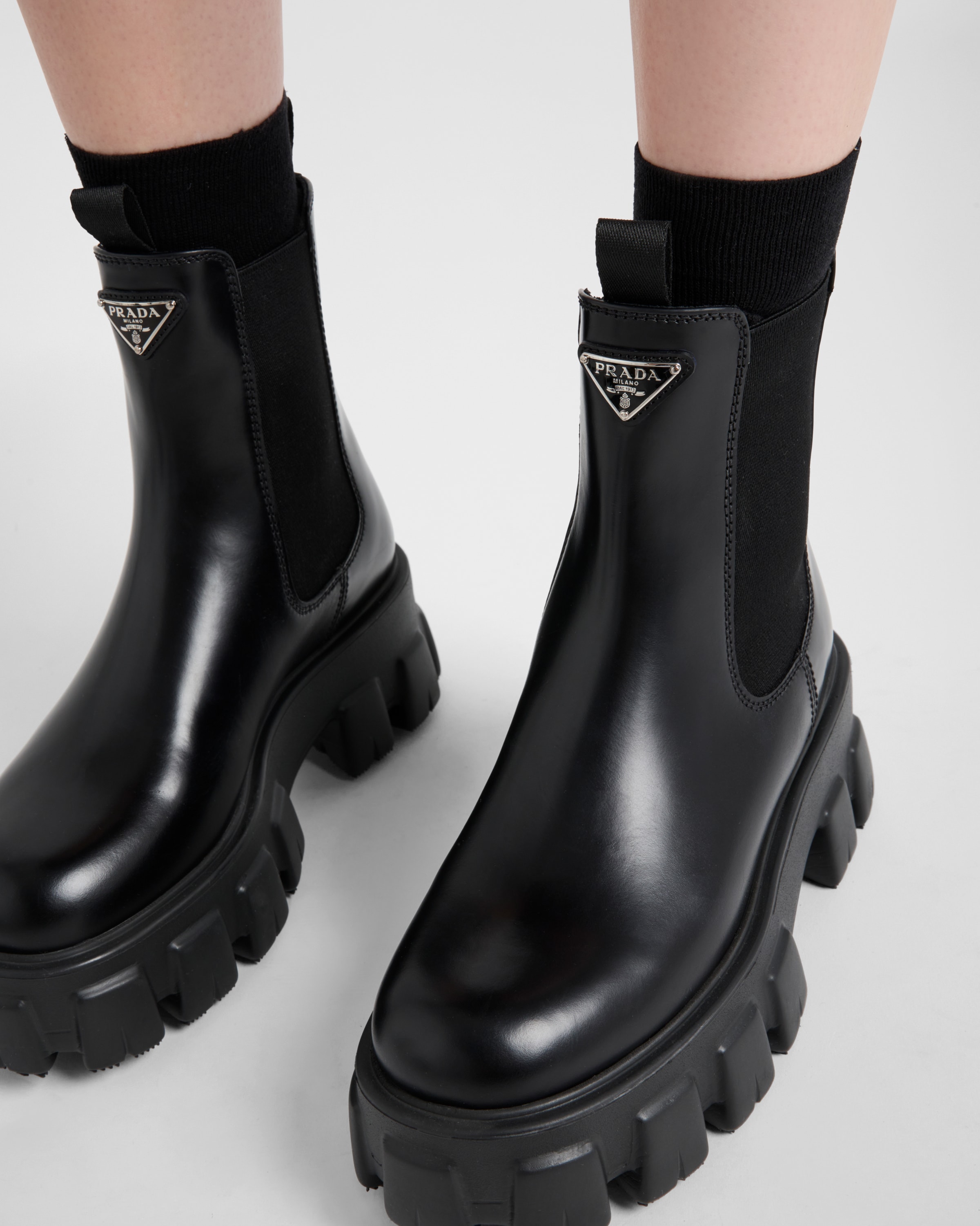 Black Monolith Brushed Leather Chelsea Boots PRADA