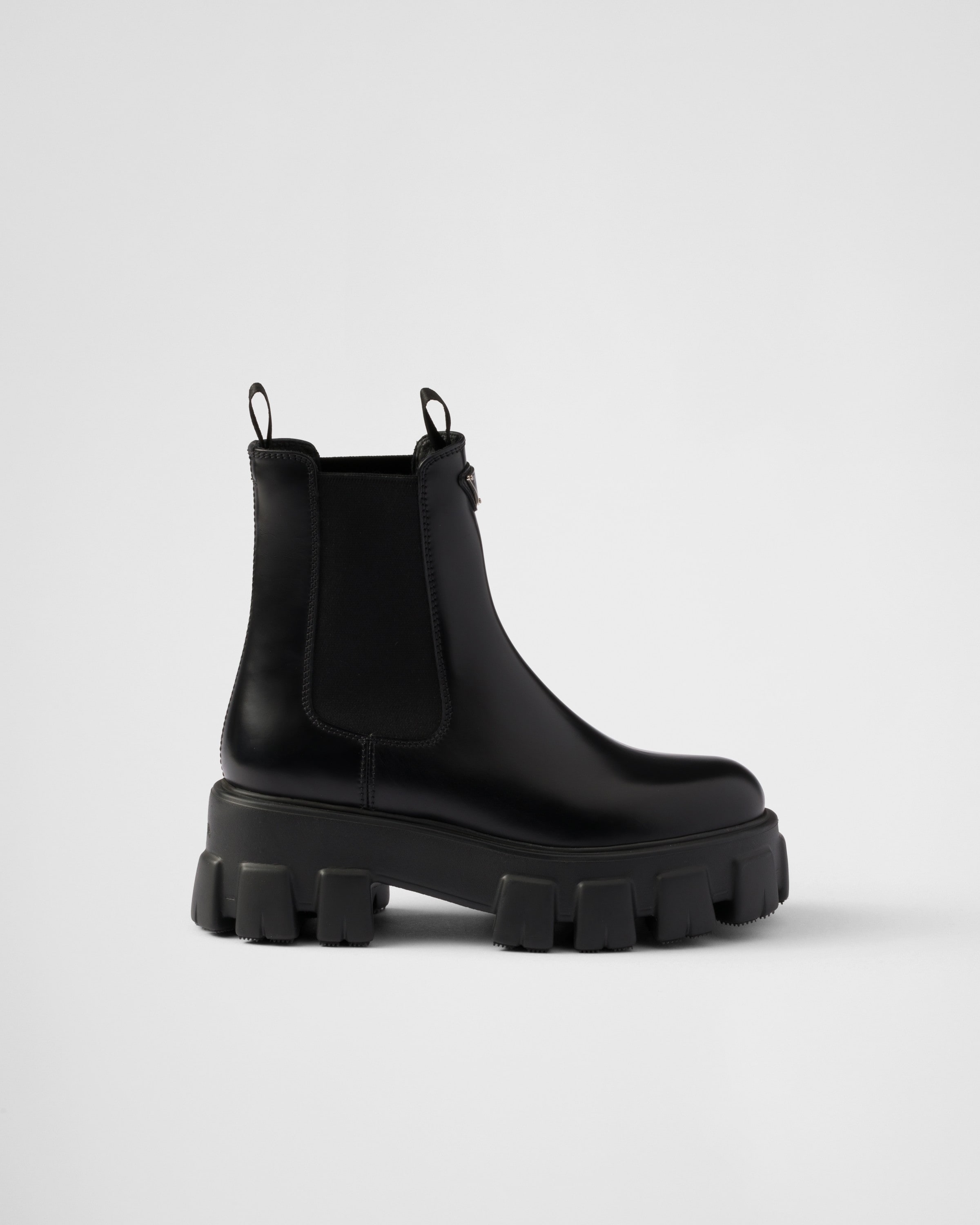 Prada Monolith Brushed Leather Chelsea Boots, Woman, Black, Size 37,5