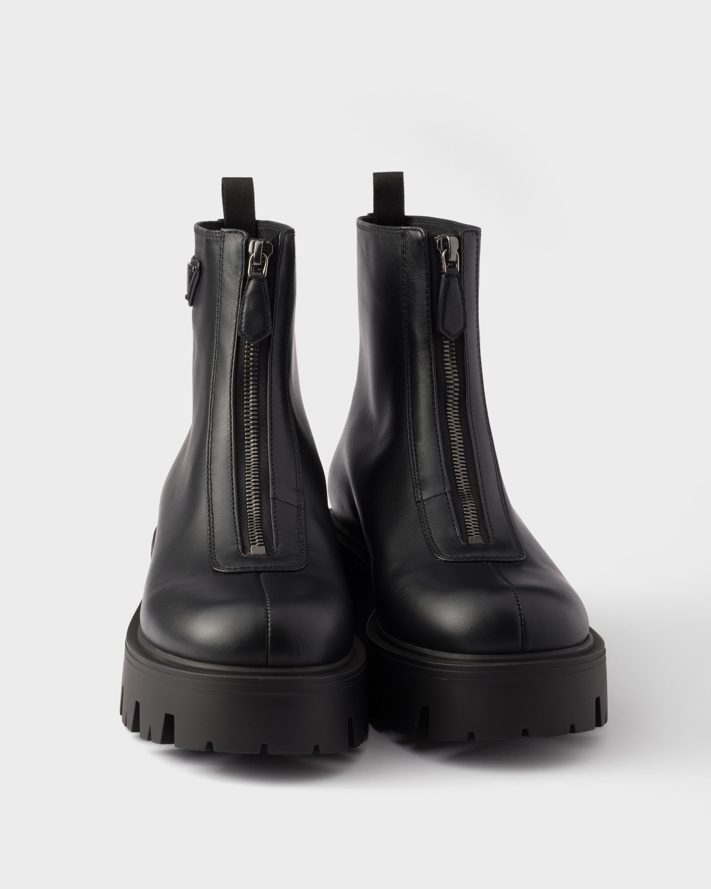 Black Leather Zipper Booties | PRADA