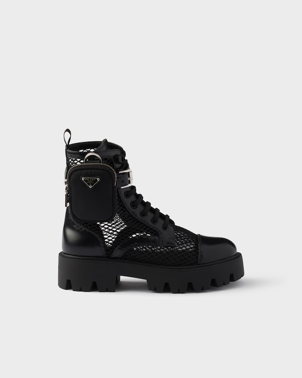 Mesh fabric and brushed leather booties with pouch - Black Mesh fabric and brushed leather booties with pouch - Black