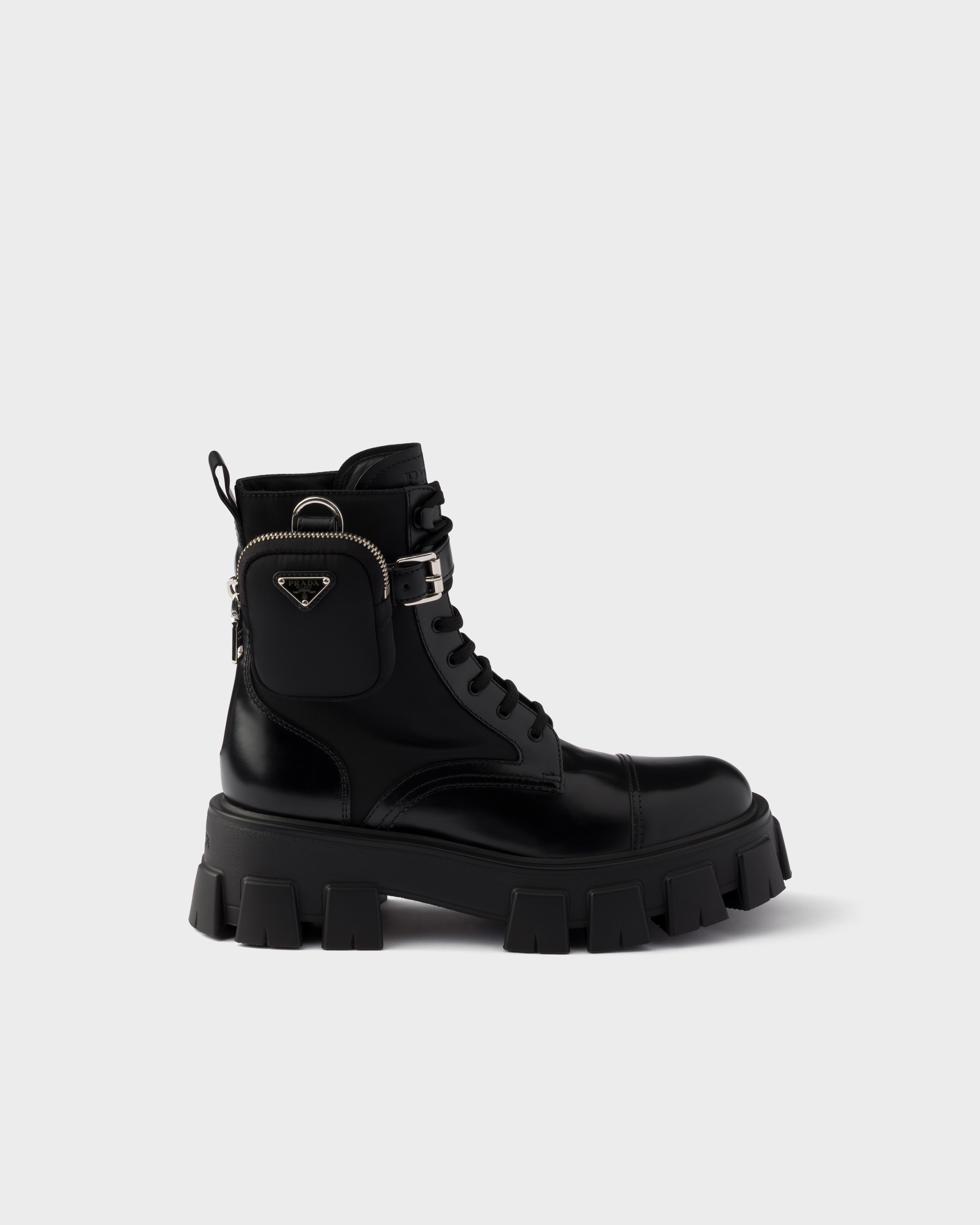 Prada Monolith leather and Re-Nylon booties with pouch