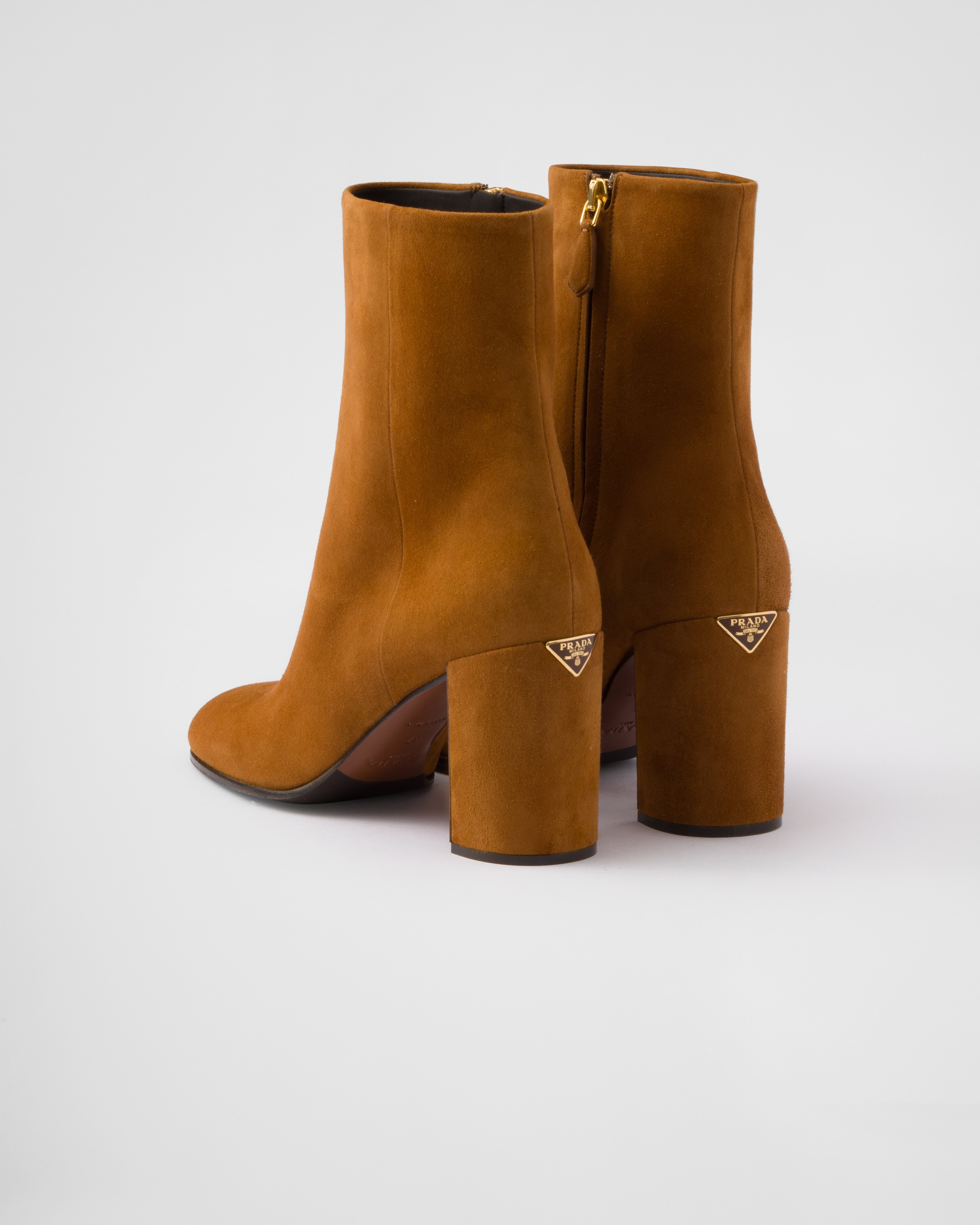 Prada Demi Block Heel Suede Bootie In Cognac