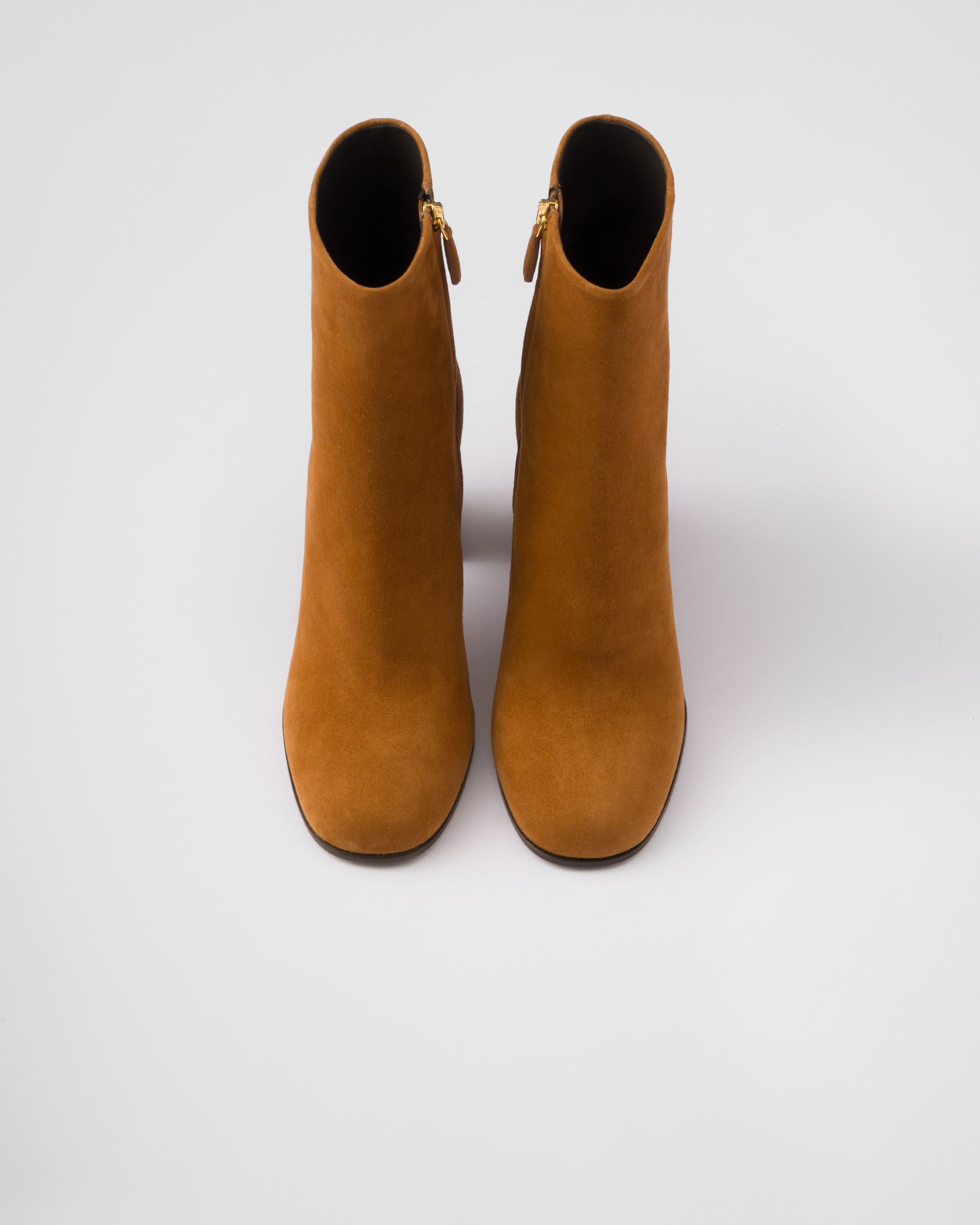 Prada Demi Block Heel Suede Bootie In Cognac