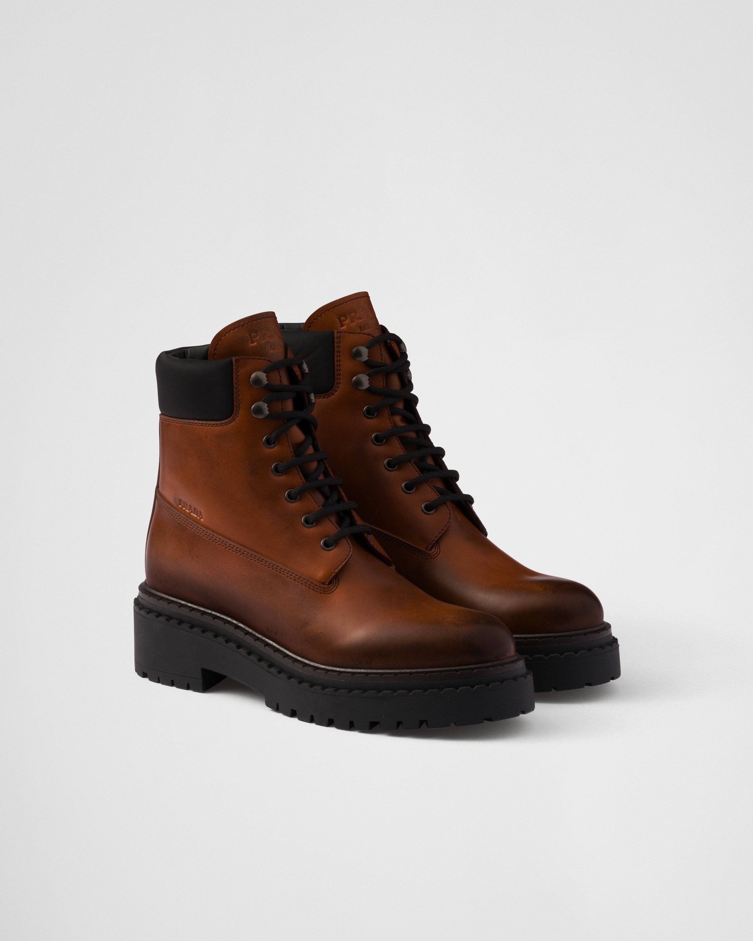 Cognac Leather And Re nylon Booties PRADA