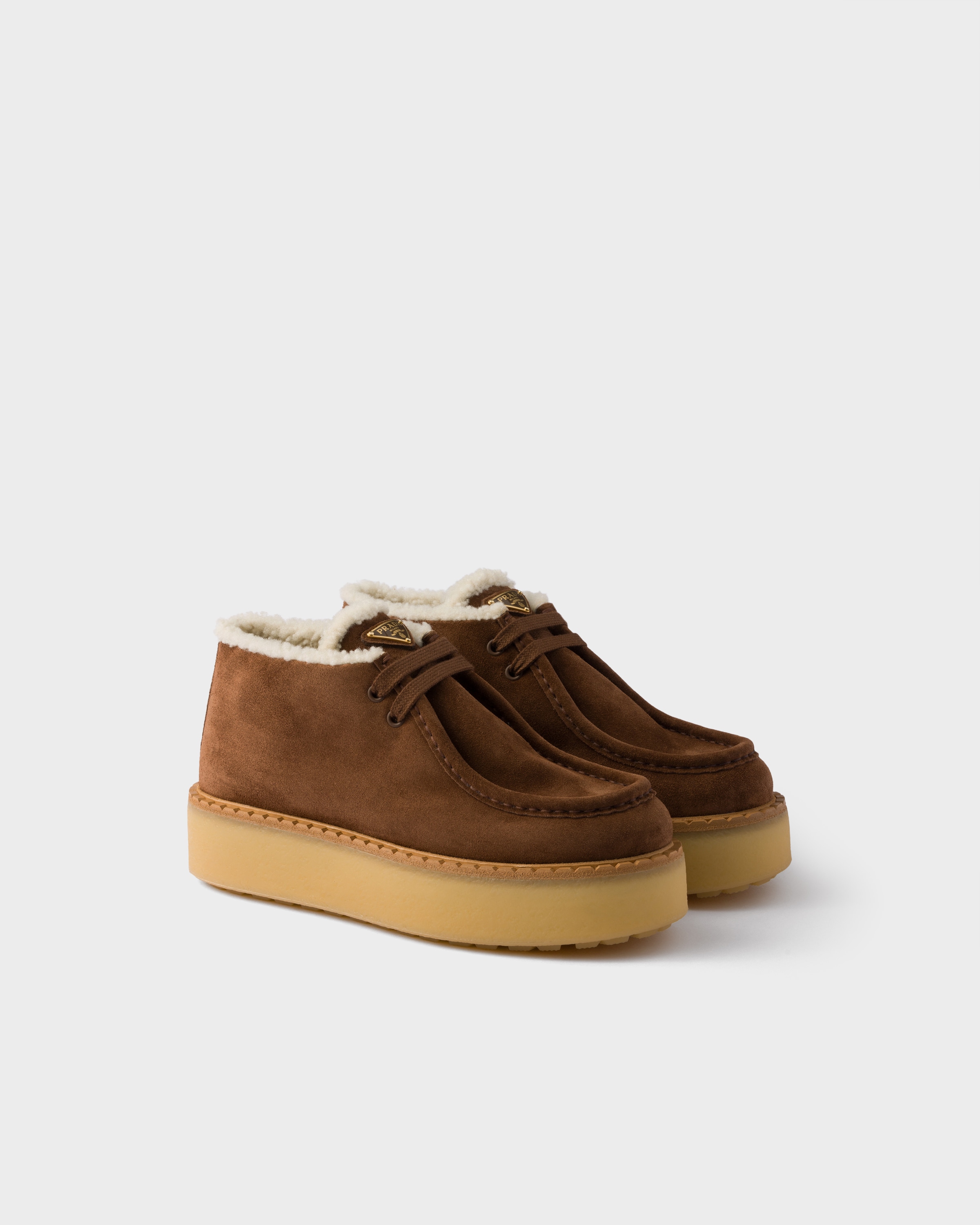 Prada Suede Shearling Lace-up Booties In Brown