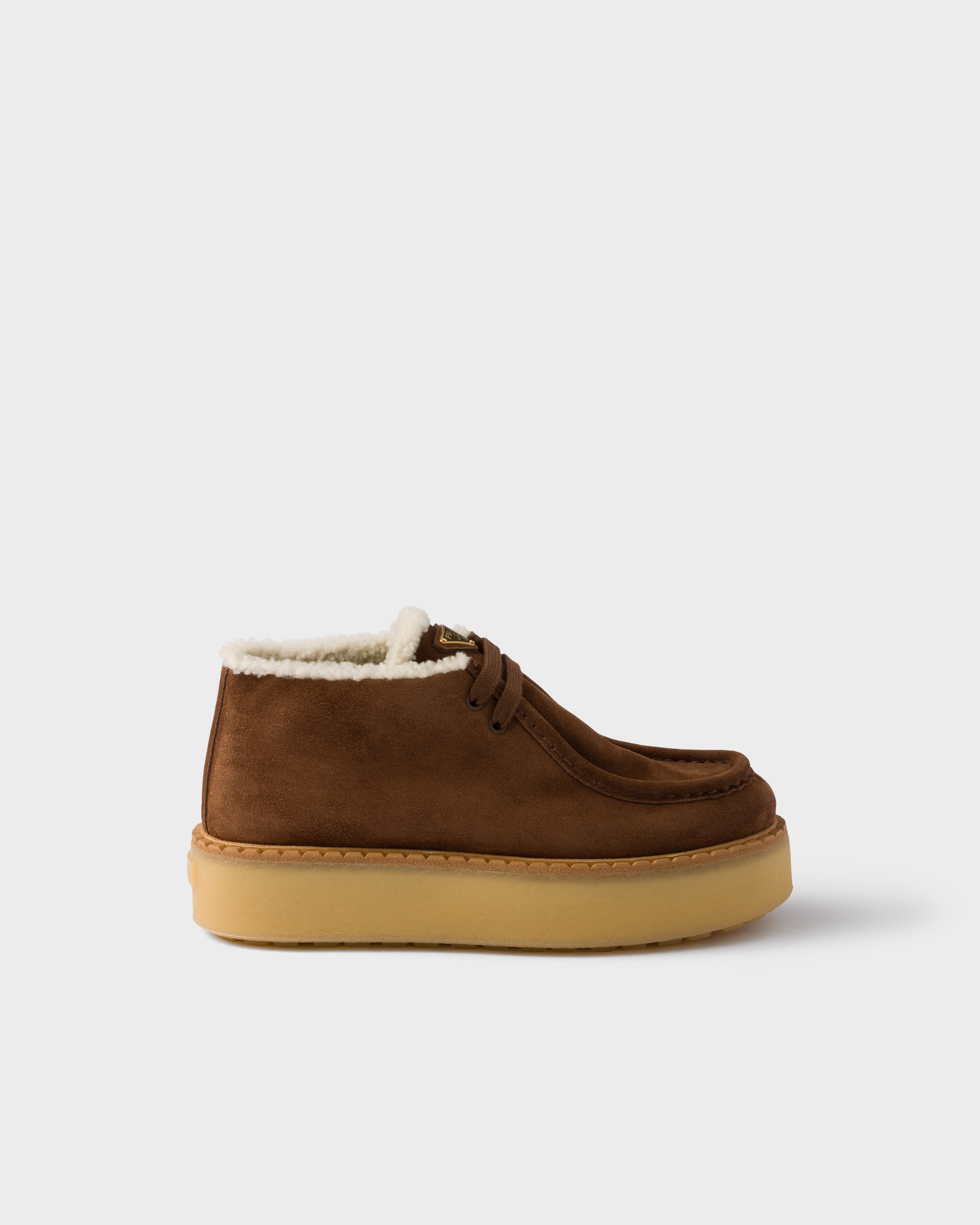 Prada Suede Shearling Lace-up Booties In Brown