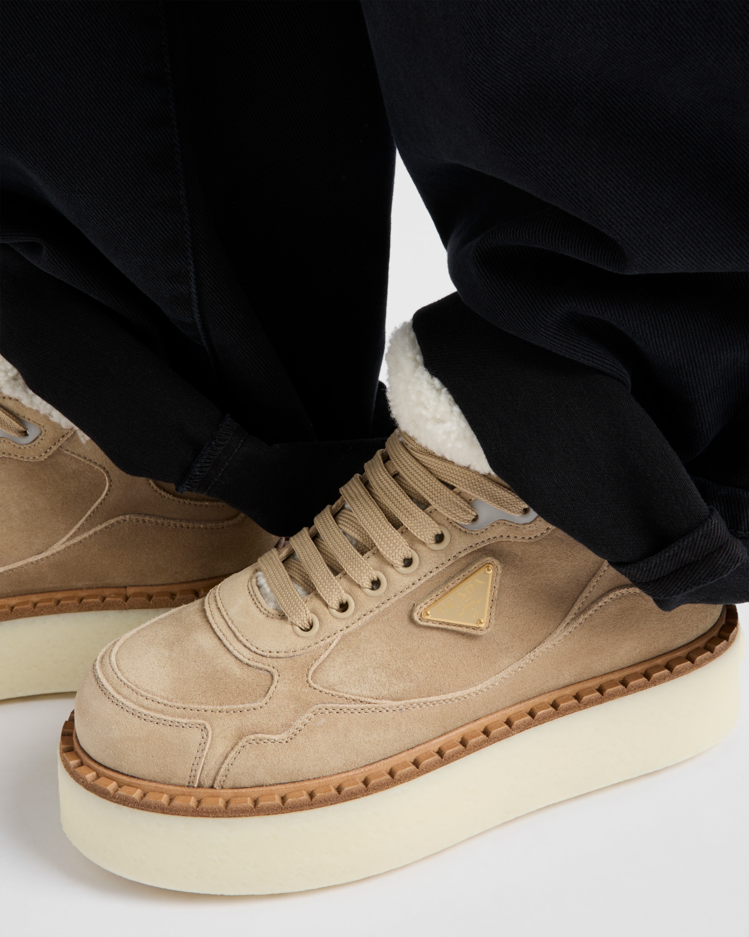 Ecru Suede mid-top sneakers | PRADA