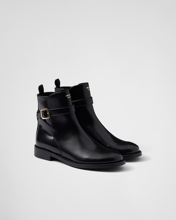 Black Brushed Leather Ankle Boots With Strap | PRADA