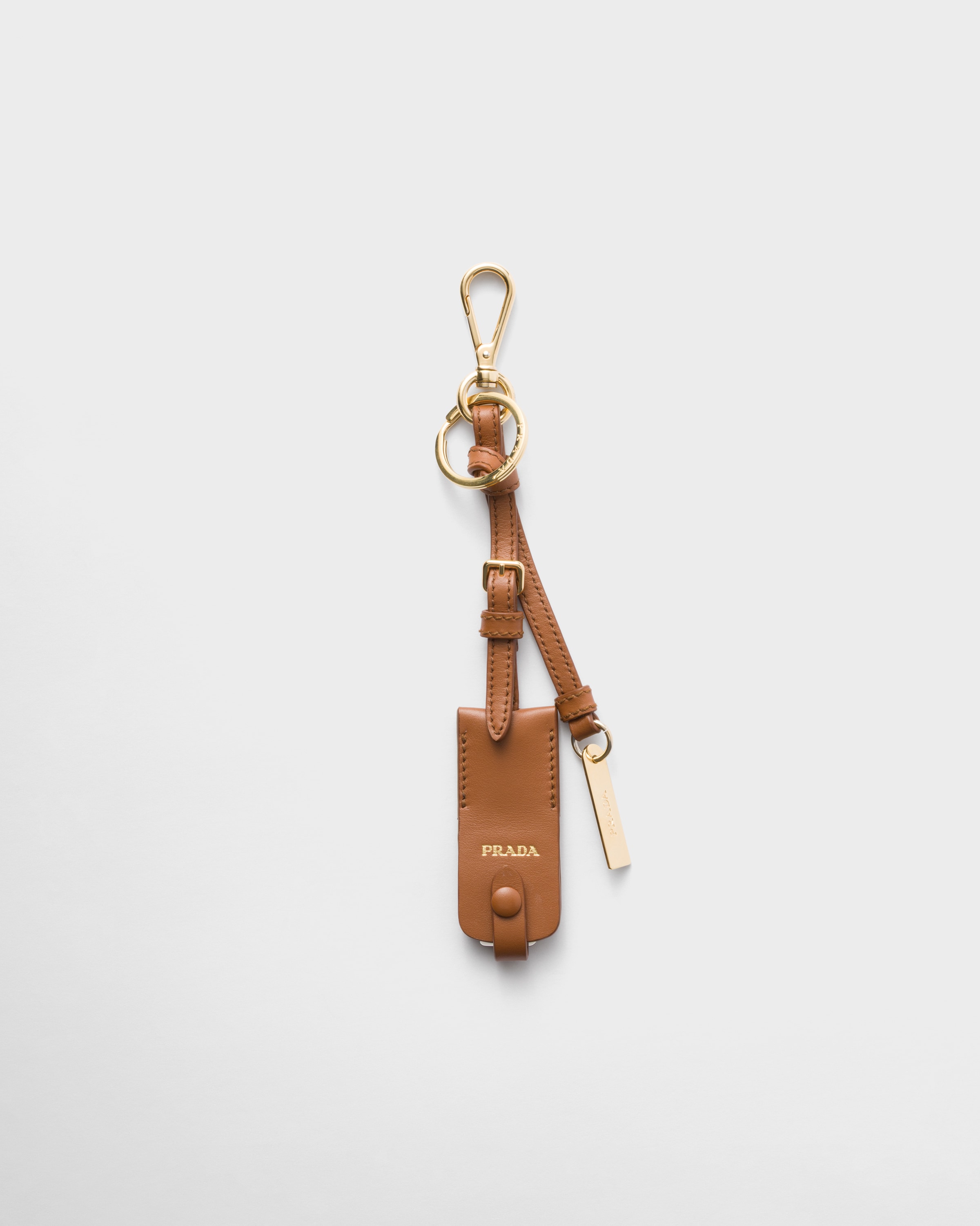 Prada Leather Keychain Charm With Mirror Case, Woman, Cognac