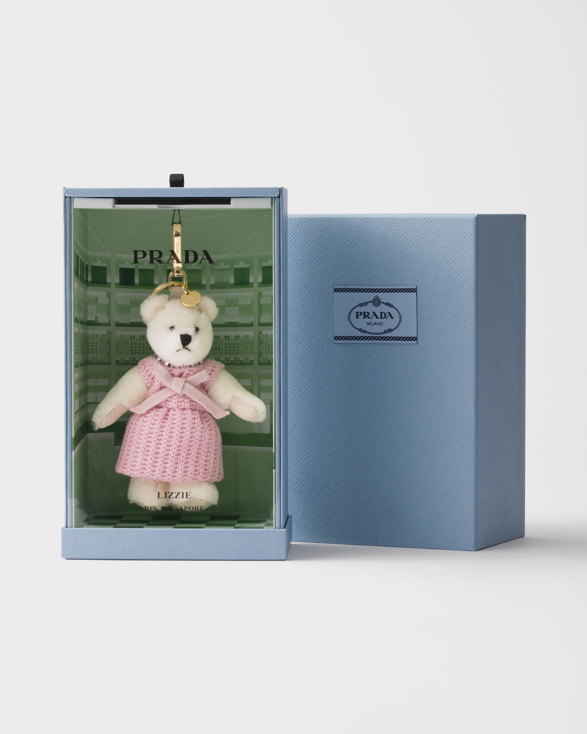 White/ Pink Teddy Bear Keychain Charm | PRADA