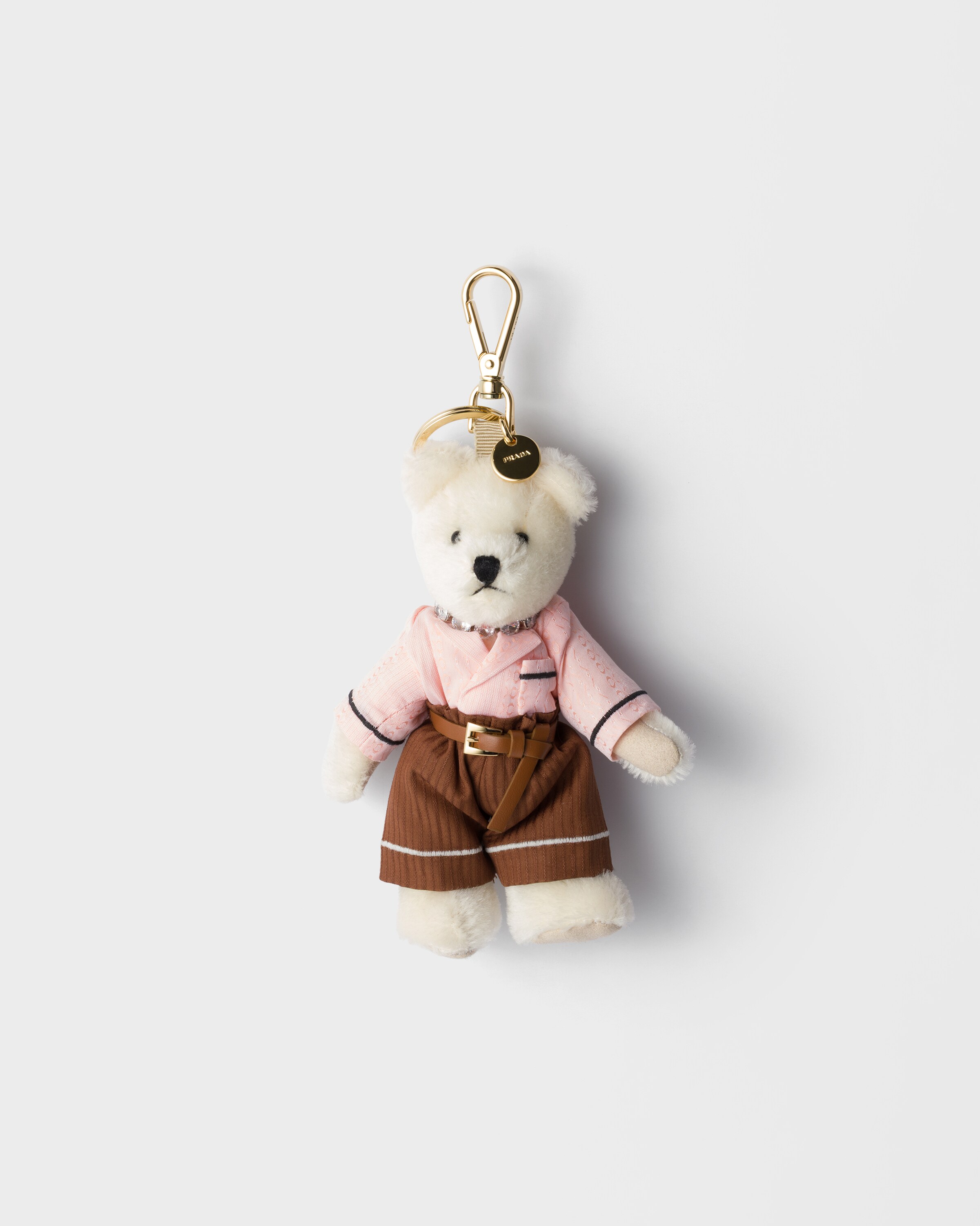 Prada Ciondolo Portachiavi Teddy Con Anello In Metallo, Donna, Bianco/pesca
