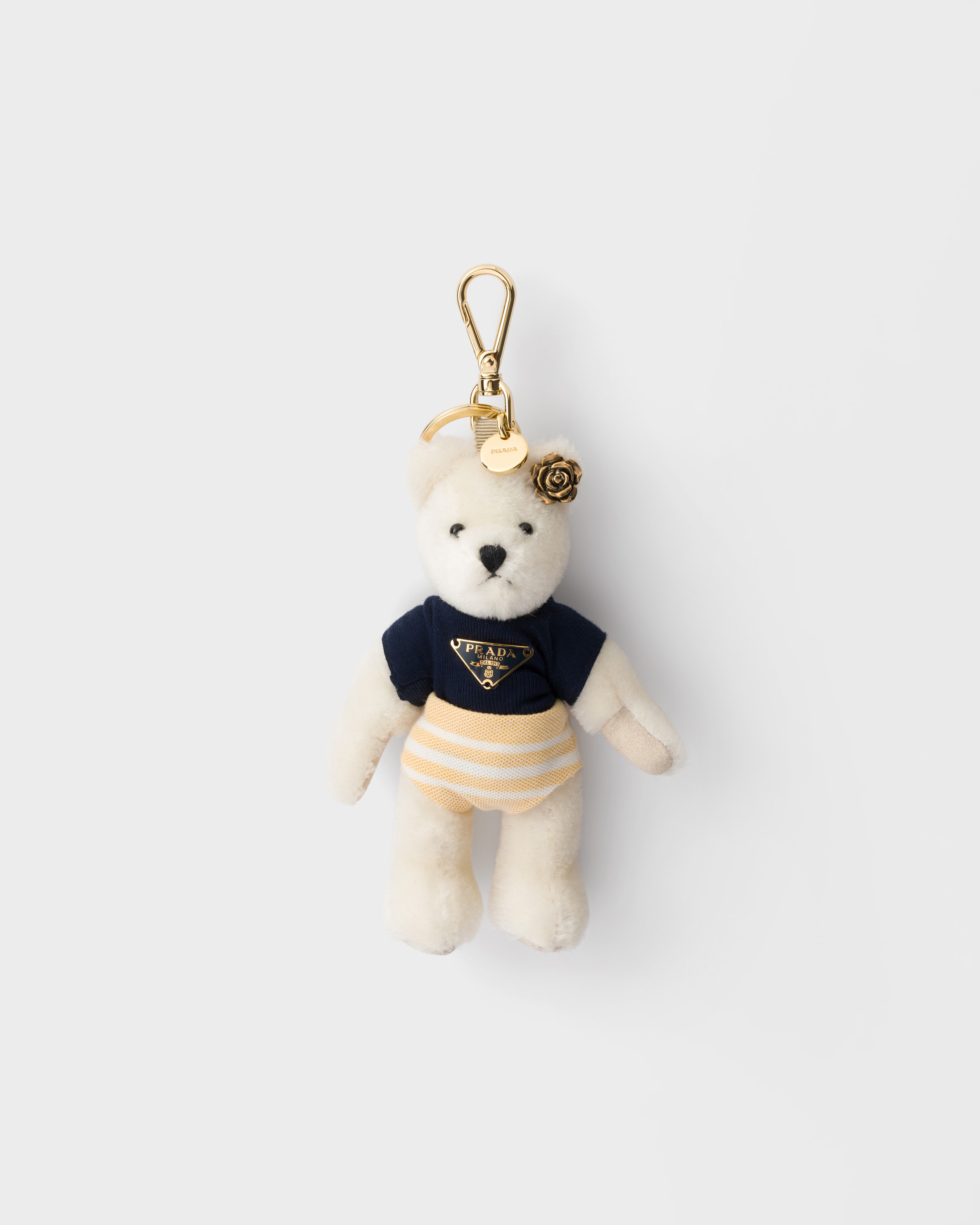 White/Ginista Teddy bear key ring charm with metal ring | PRADA