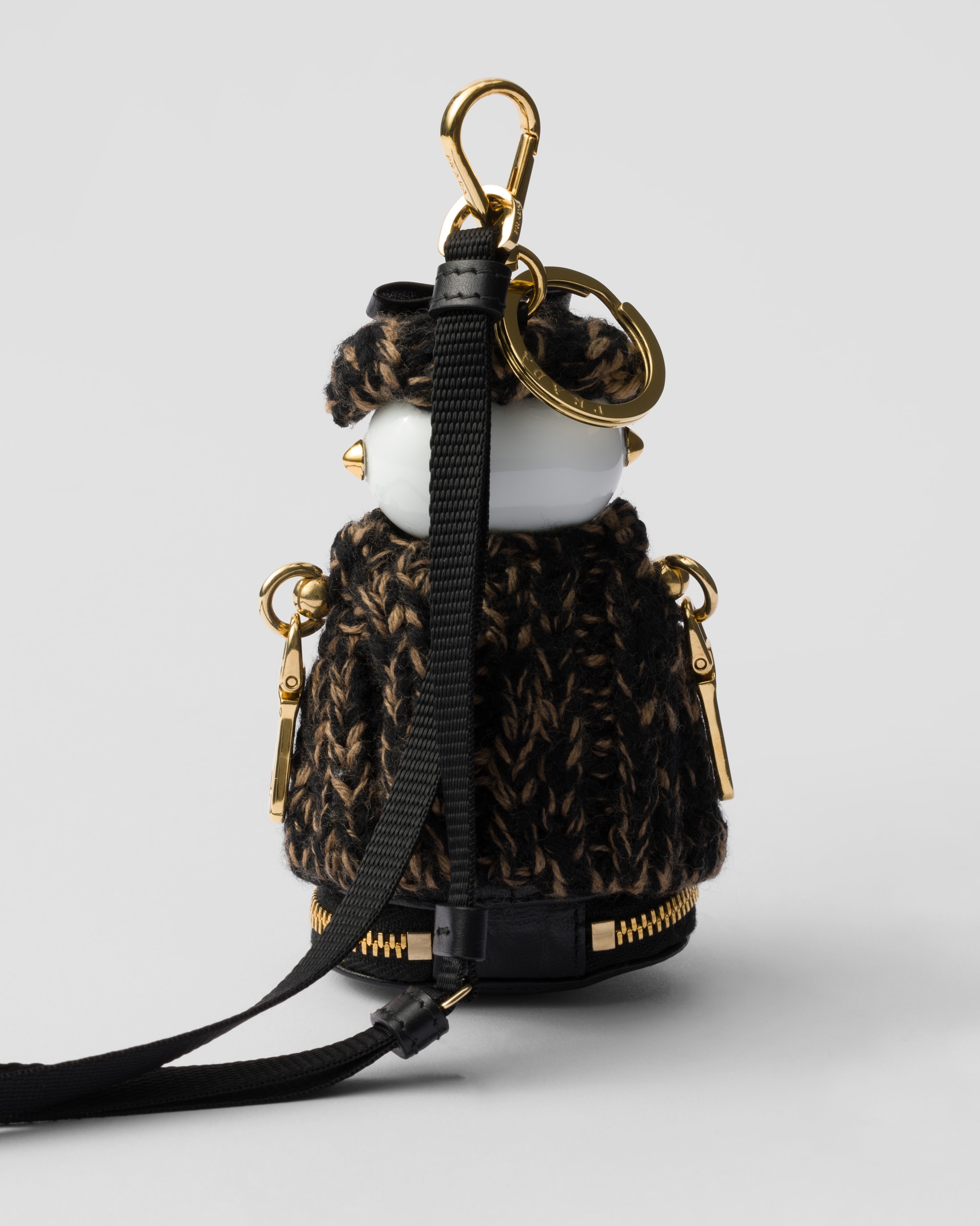 Prada Soft Robot Knitted Bag Charm With Shoulder Strap In Schwarz/kamel