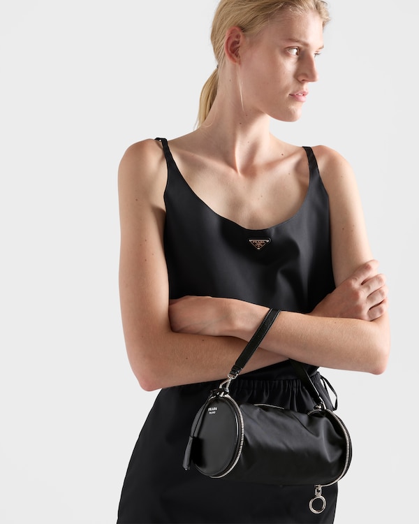 Re-Nylon and leather foldable mini-bag - Black Re-Nylon and leather foldable mini-bag - Black