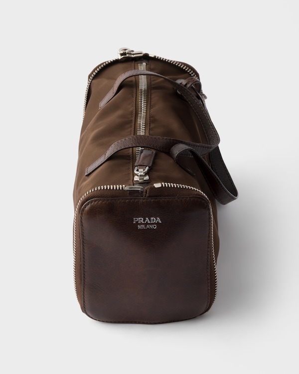 Re-Nylon and leather foldable mini duffel bag - Cocoa Brown Re-Nylon and leather foldable mini duffel bag - Cocoa Brown
