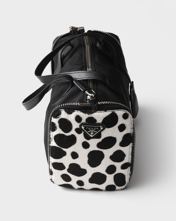 Re-Nylon and printed calf hair leather foldable mini duffel bag - White/Black Re-Nylon and printed calf hair leather foldable mini duffel bag - White/Black