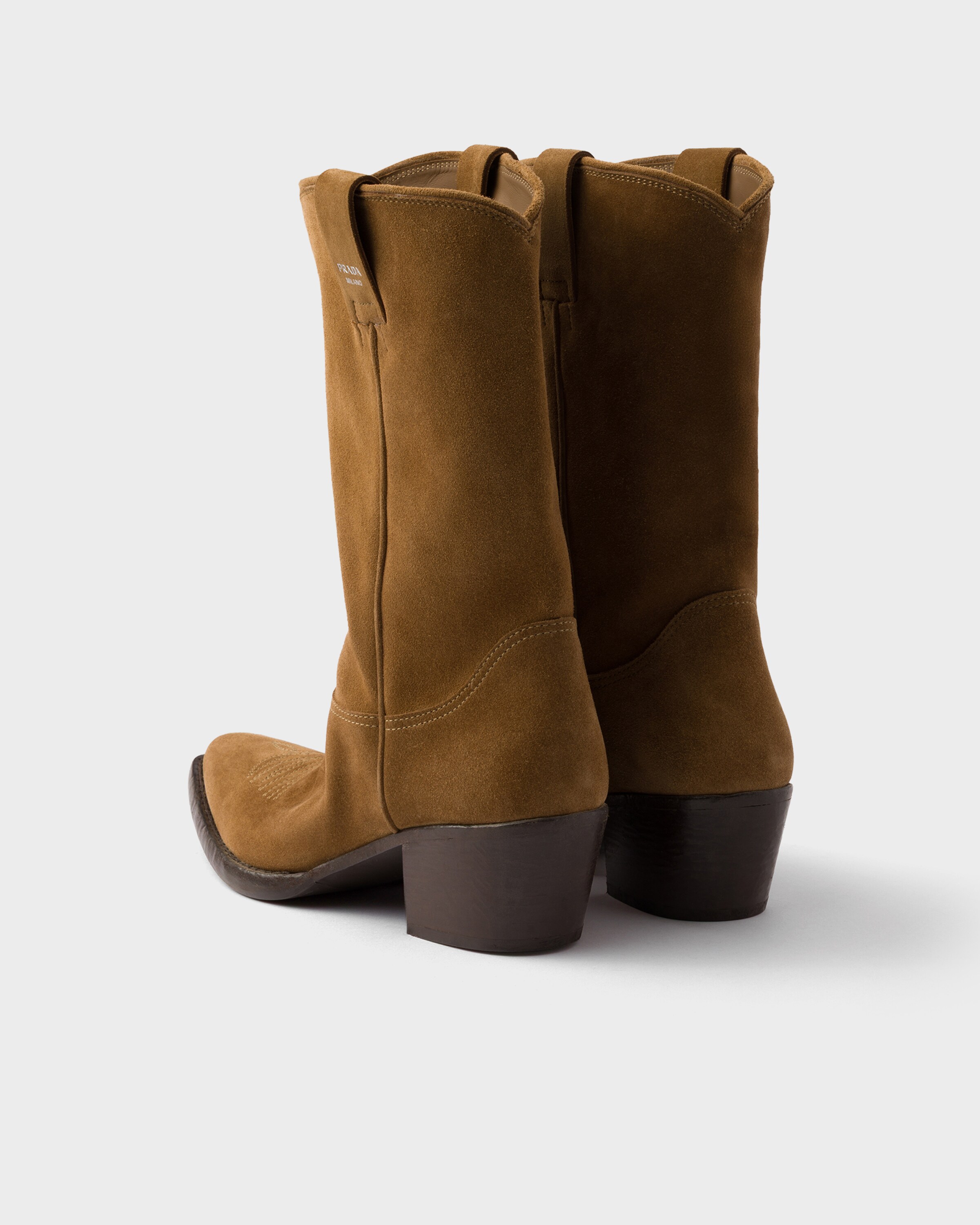 Prada Suede Leather Block Heel Mid-calf Boots In Tobacco