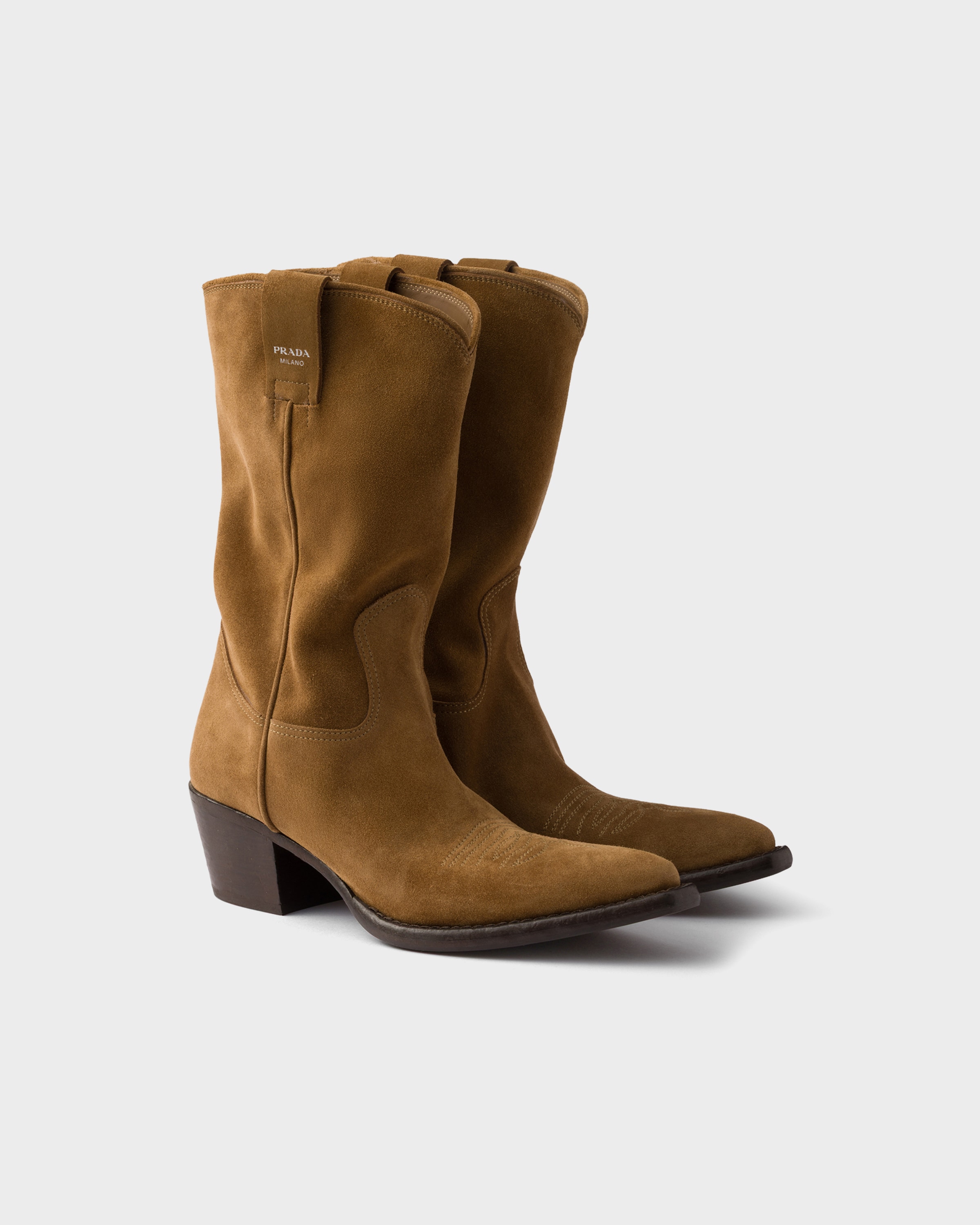 Prada Suede Leather Block Heel Mid-calf Boots In Tobacco