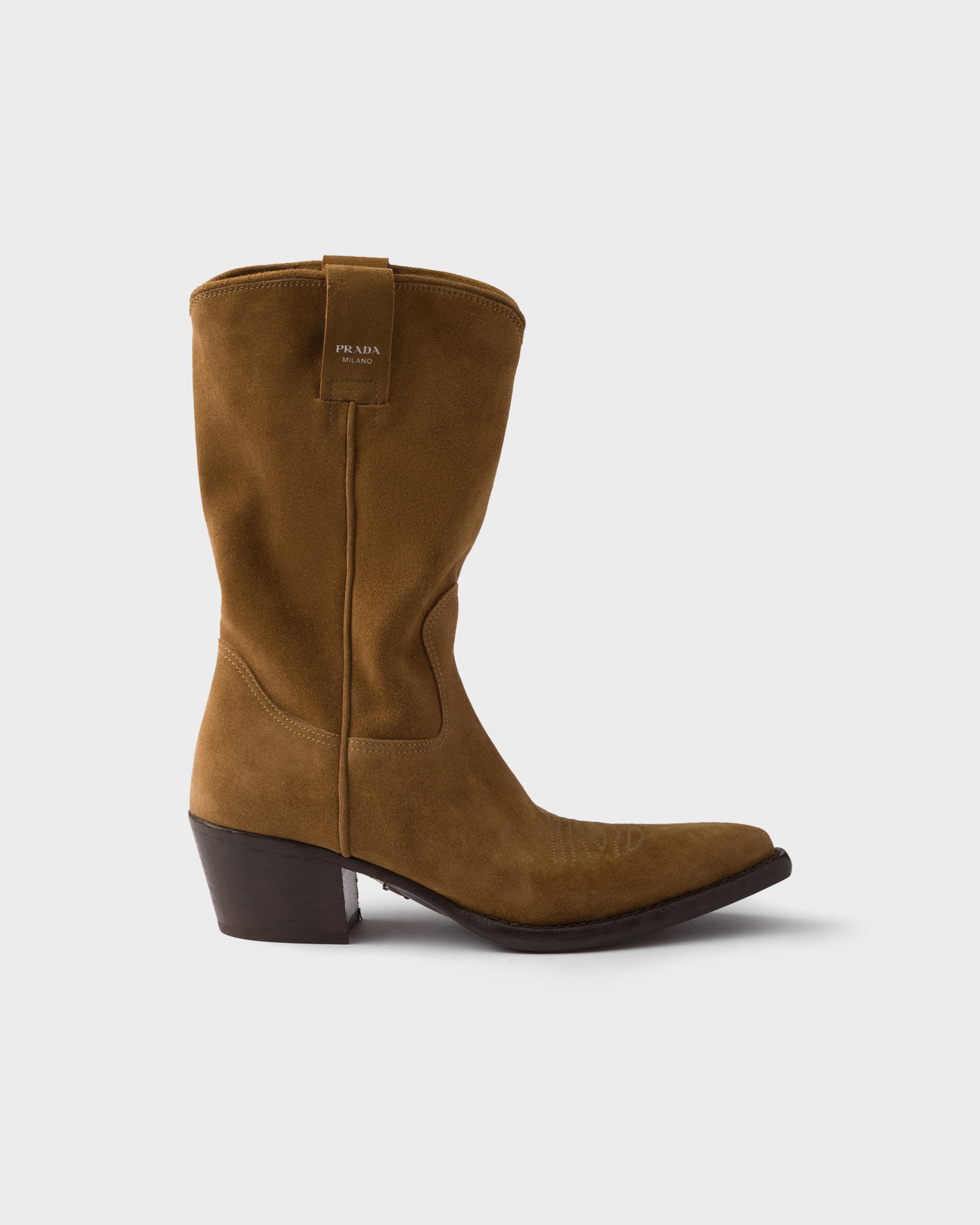 Prada Suede Leather Block Heel Mid-calf Boots In Tobacco