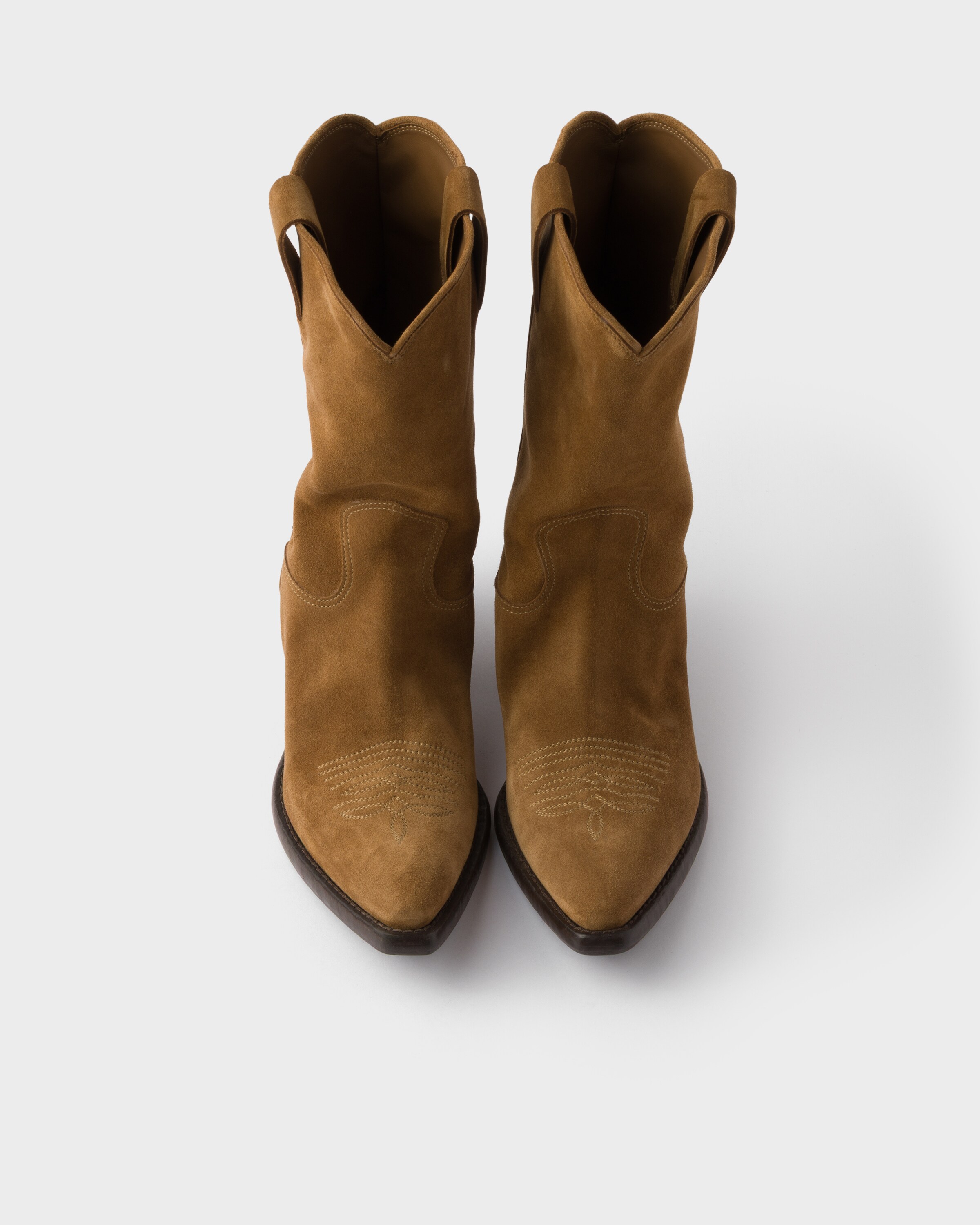 Prada Suede Leather Block Heel Mid-calf Boots In Tobacco