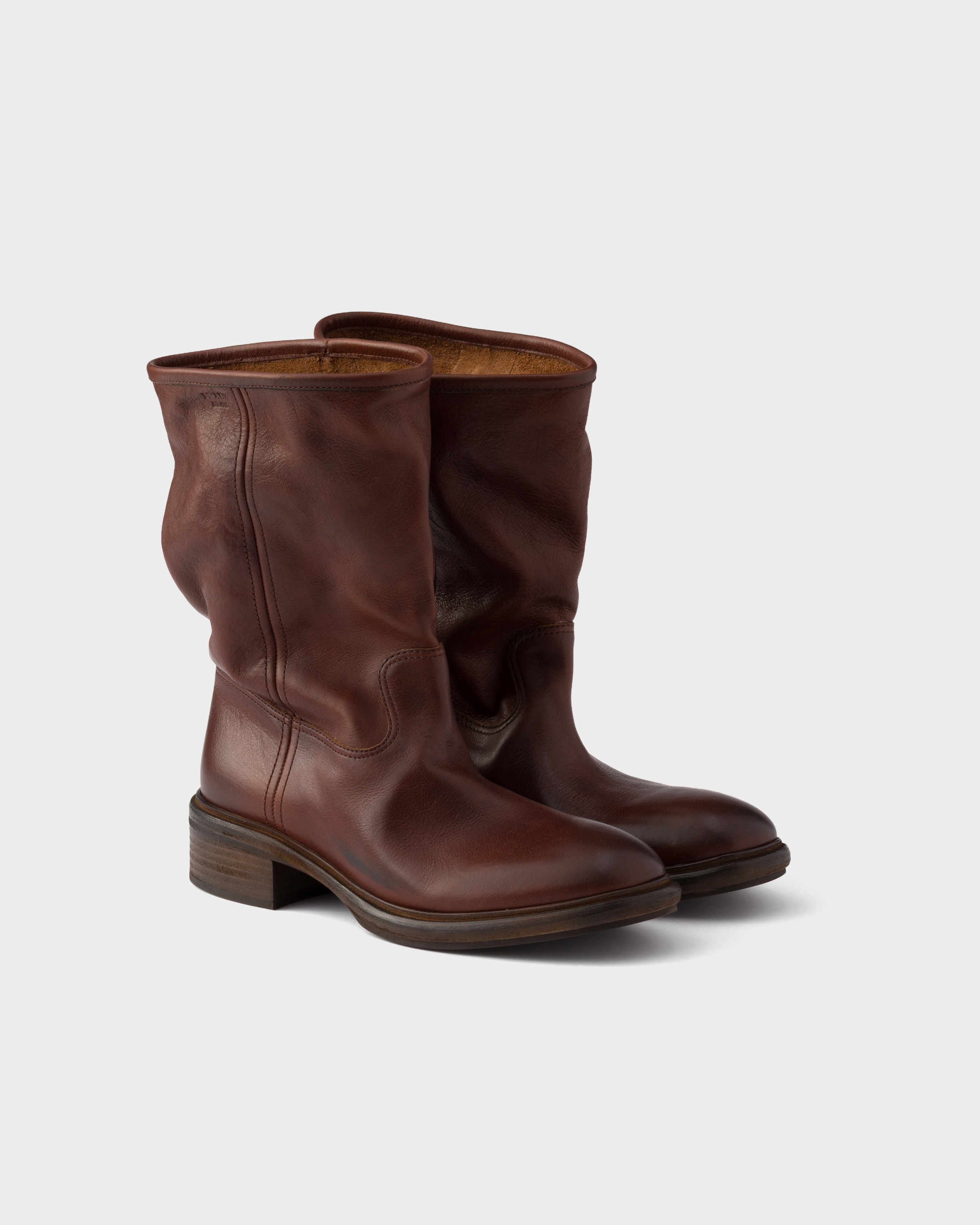 Cocoa Brown Vintage-effect Leather Boots | PRADA - United States