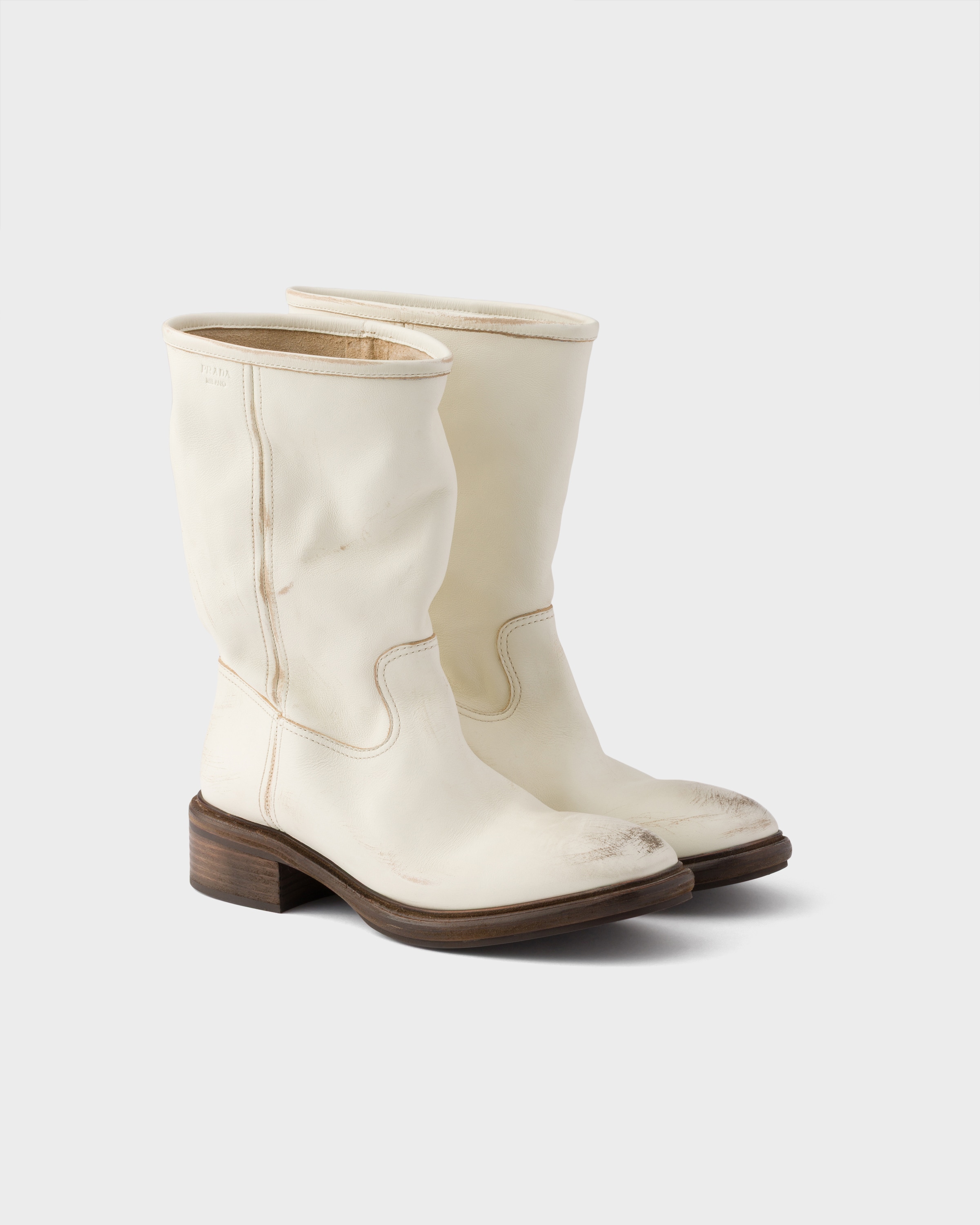 Chalk White Vintage-effect leather boots | PRADA - United States