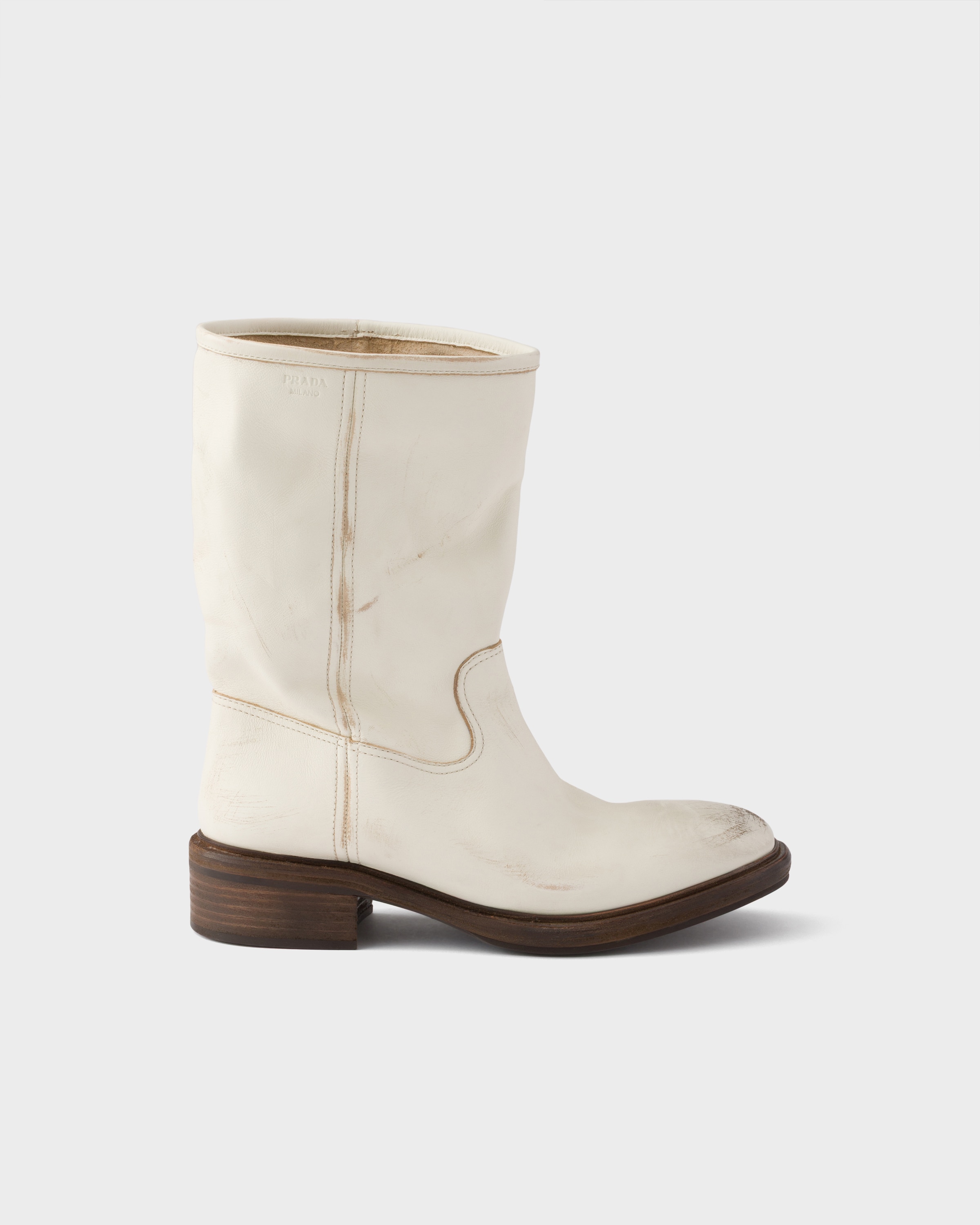 Chalk White Vintage-effect leather boots | PRADA - United States