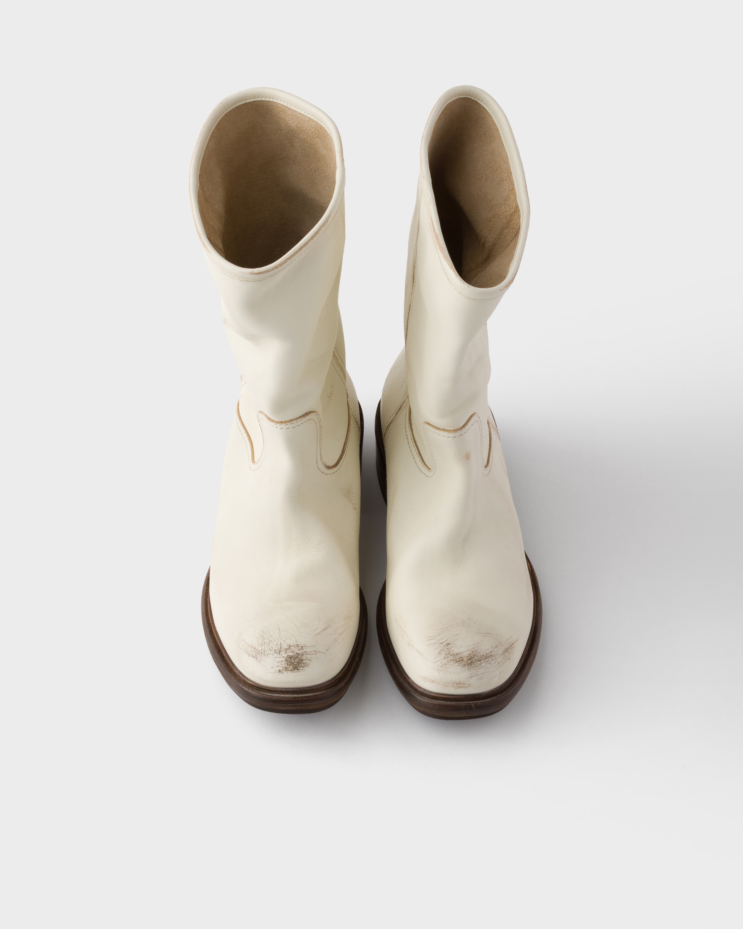 Chalk White Vintage-effect leather boots | PRADA - United States