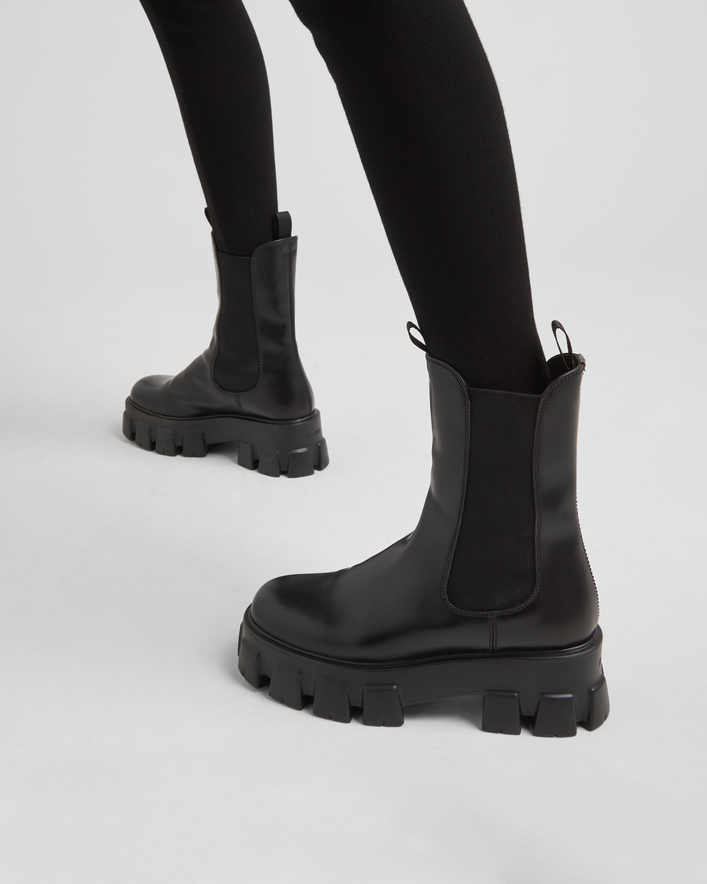 Black Monolith Brushed Leather Boots | PRADA