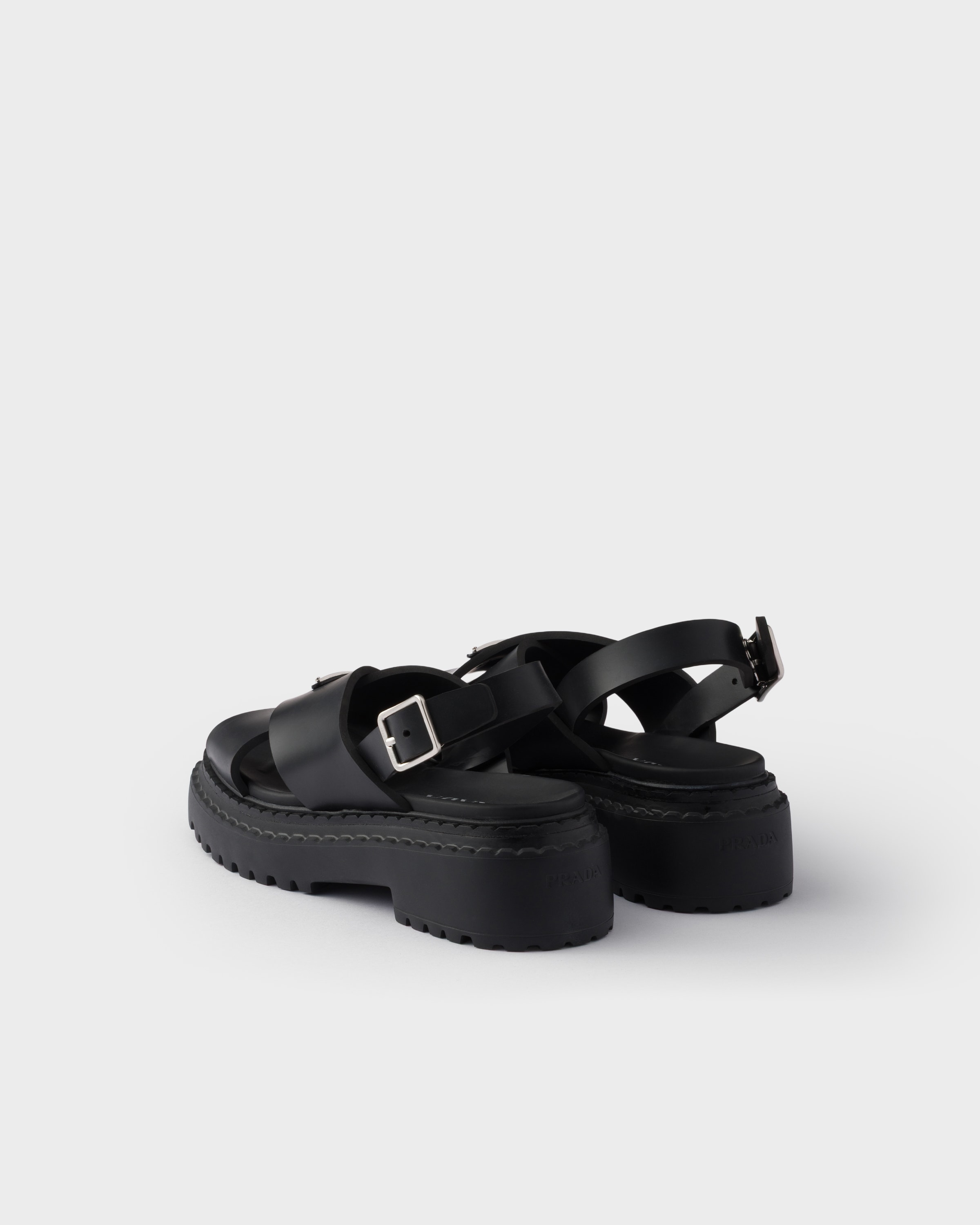 Prada Leather Crossover Platform Sandals 55 In Black