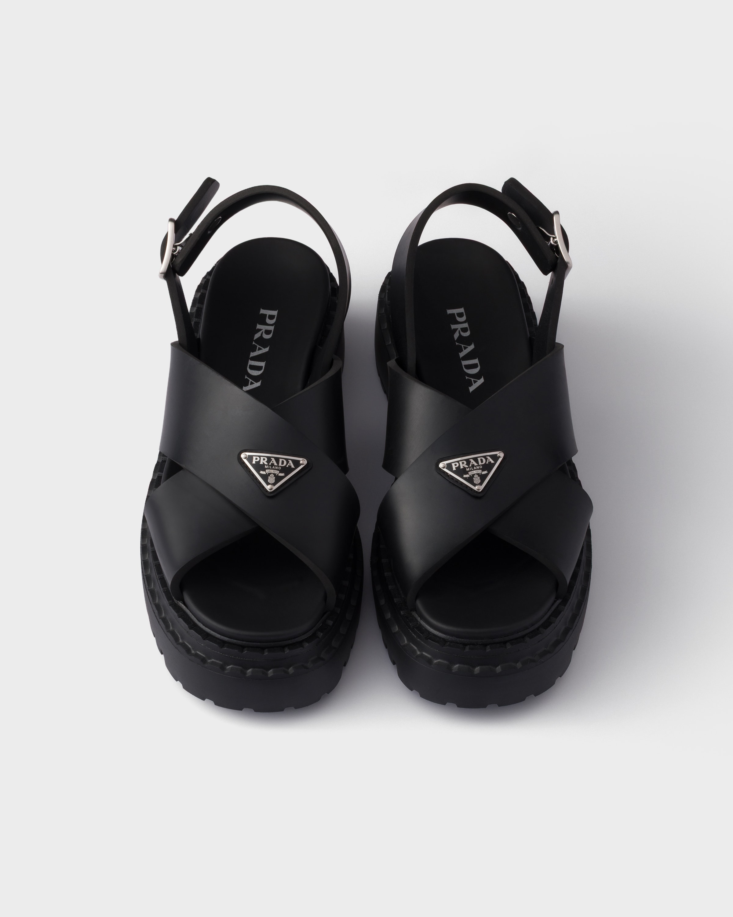 Prada Leather Crossover Platform Sandals 55 In Black