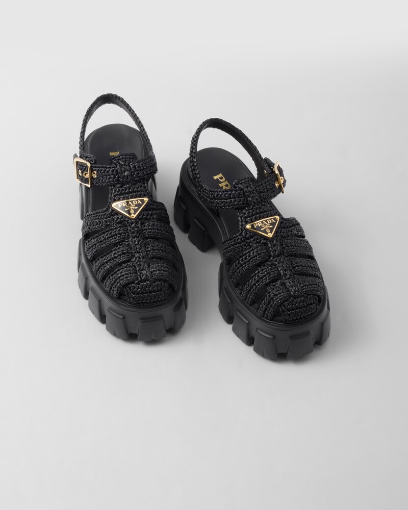 Black Monolith Crochet Cage Sandals | PRADA