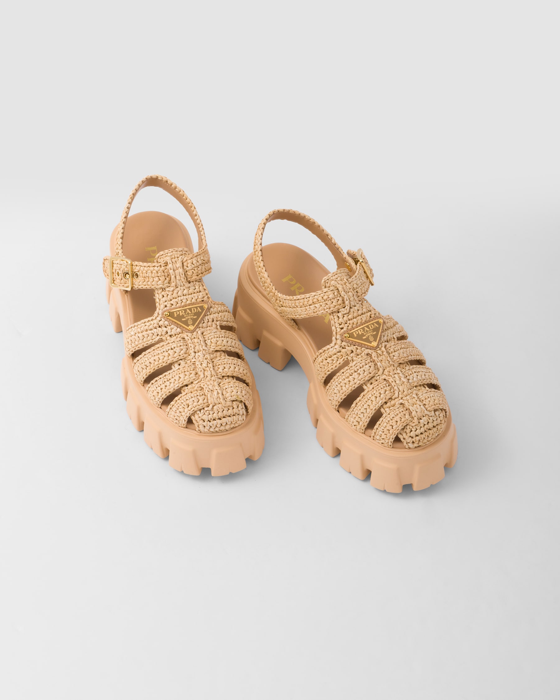 Natural Monolith Crochet Cage Sandals PRADA